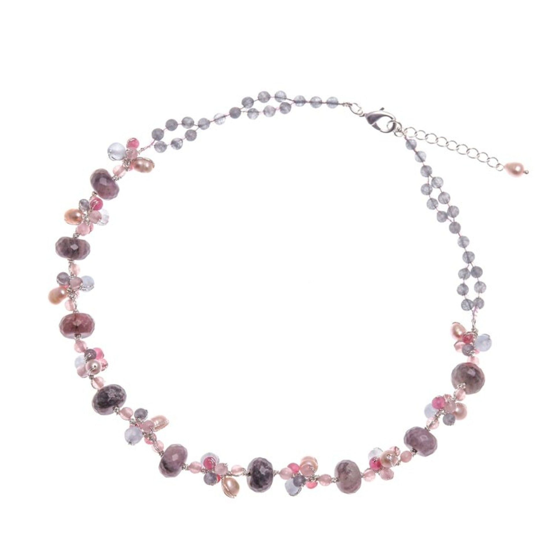 Delicate Rhodonite Cultured Pearl and Quartz Beaded Necklace 'Autumn Rose'