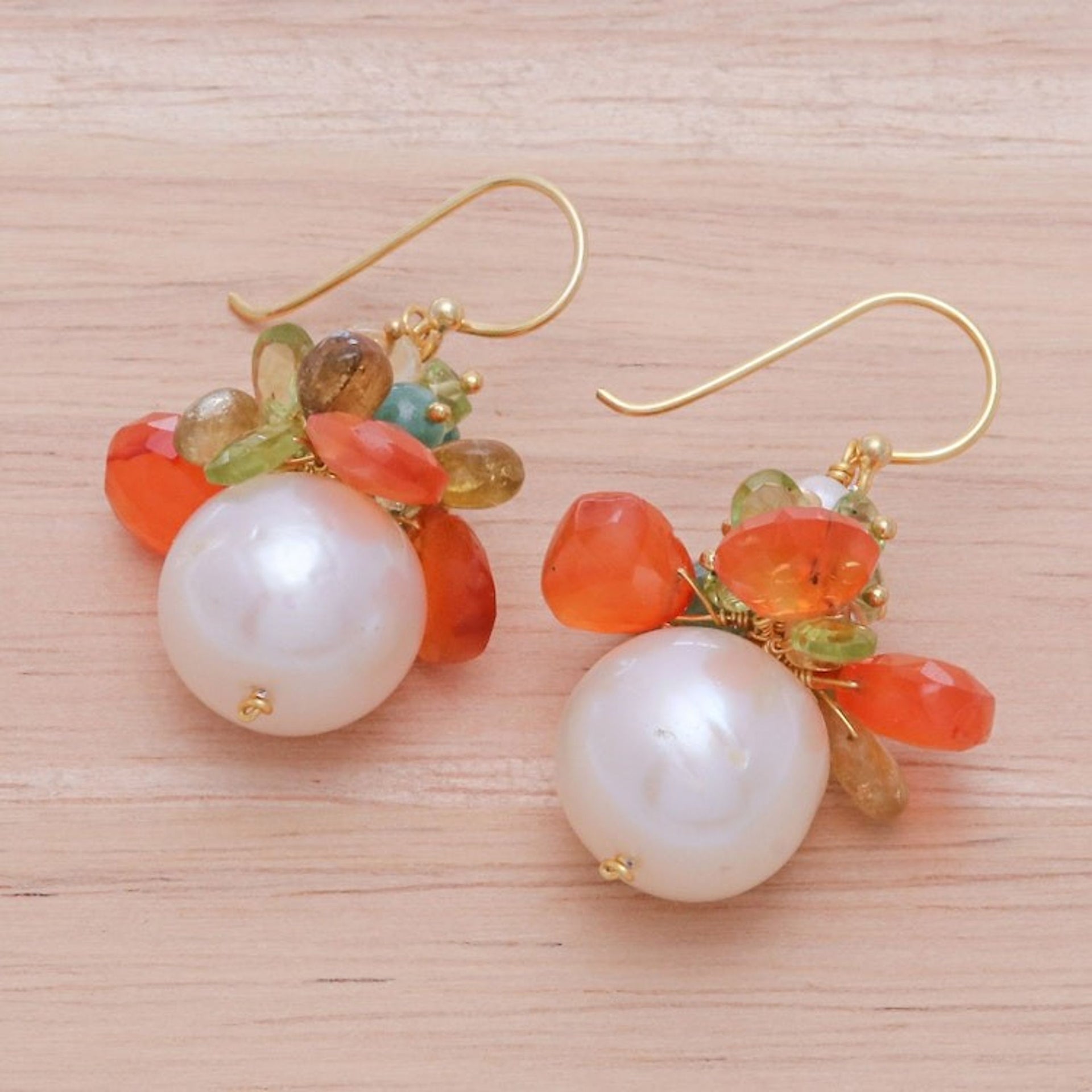 18k Gold-Plated Multi-Gemstone Dangle Earrings with Pearls 'Paradise Fruits'