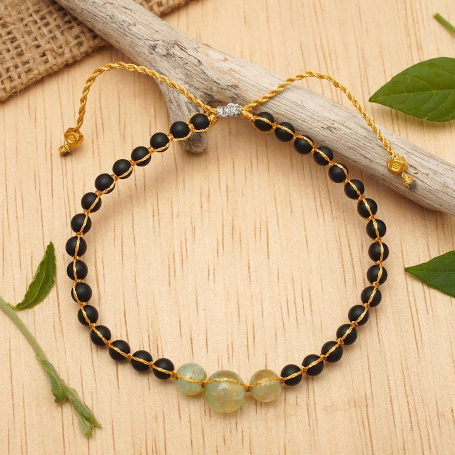 Balinese-Made Adjustable Onyx and Aquamarine Beaded Bracelet 'Hope in Darkness'