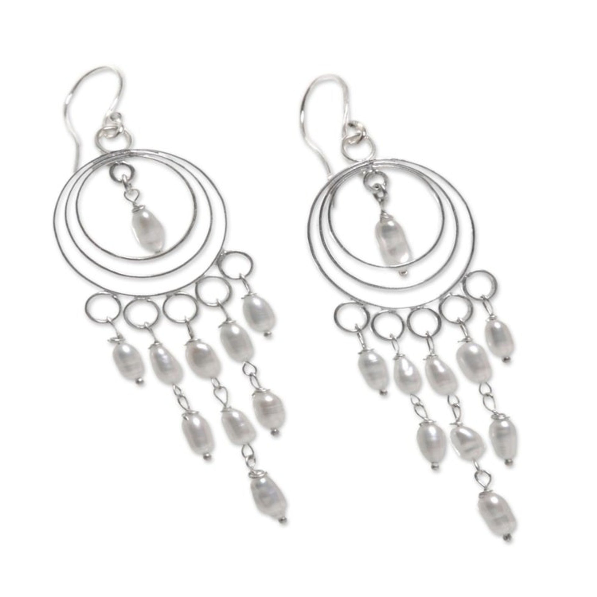 Sterling Silver and Cultured Pearl Chandelier Earrings 'Moonlit Circles'
