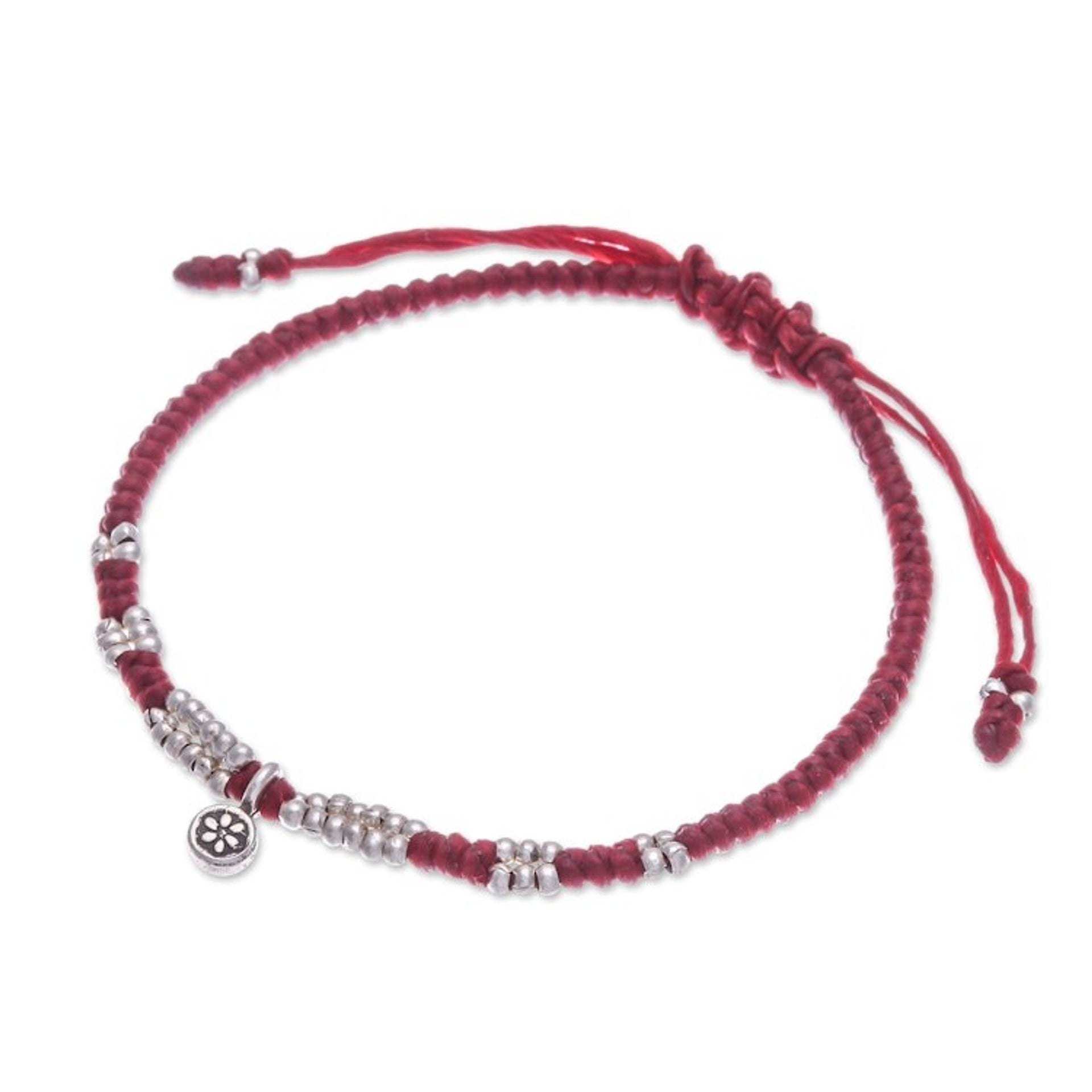 Thai Silver Pendant Beaded Macrame Bracelet in Red 'Petite Flower in Red'
