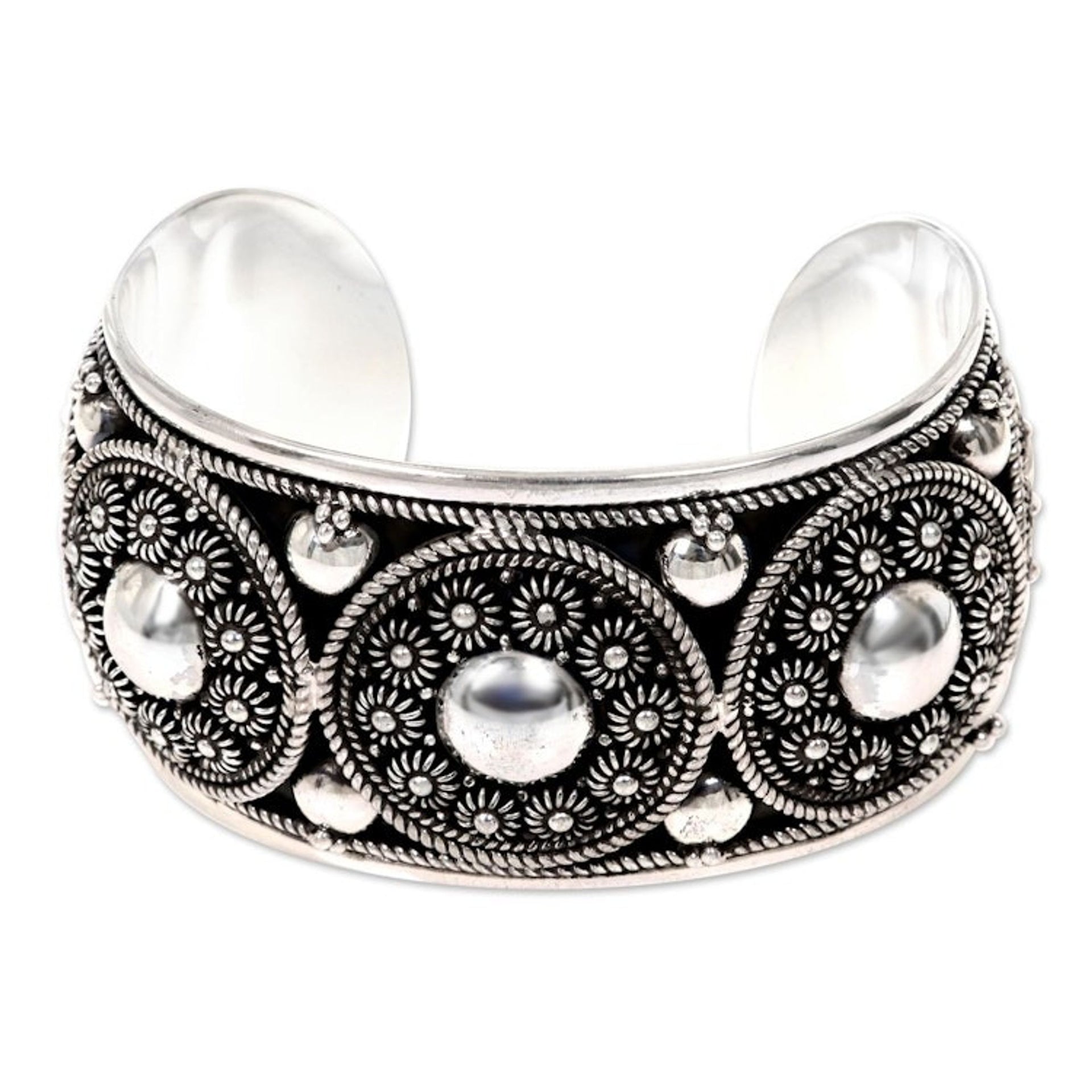 Handmade Sterling Silver Cuff Bracelet with Floral Motifs 'Modern Traditions'