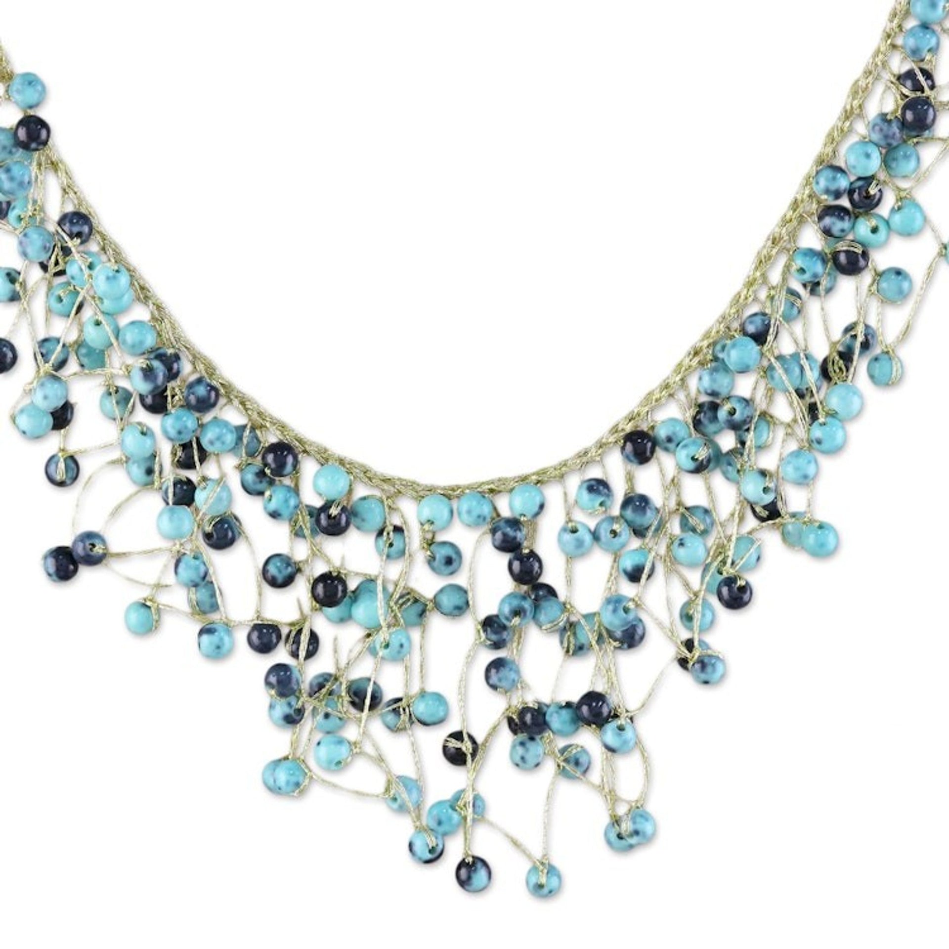 Glass Beaded Waterfall Necklace in Blue from Thailand 'Fantasy Rain in Blue'