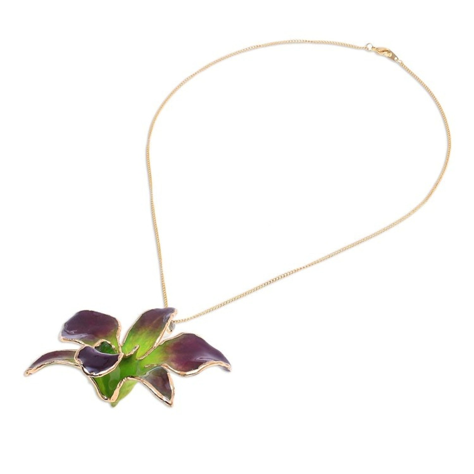 Gold-Plated Green Orchid Petal Pendant Necklace and Brooch 'Orchid Magic in Green'