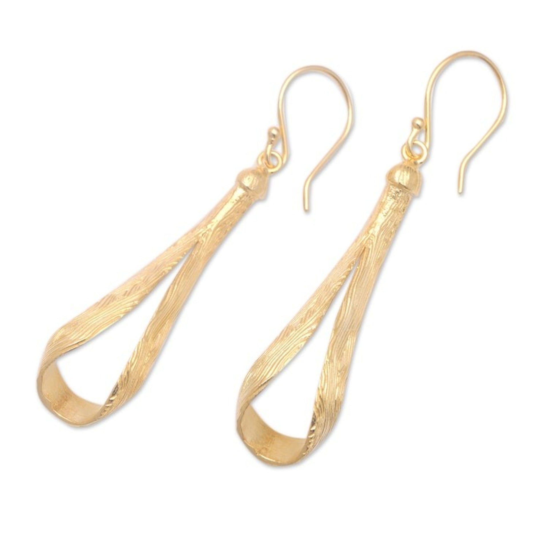 Modern 18k Gold-Plated Brass Dangle Earrings Crafted in Bali 'Ligneous Glamour'