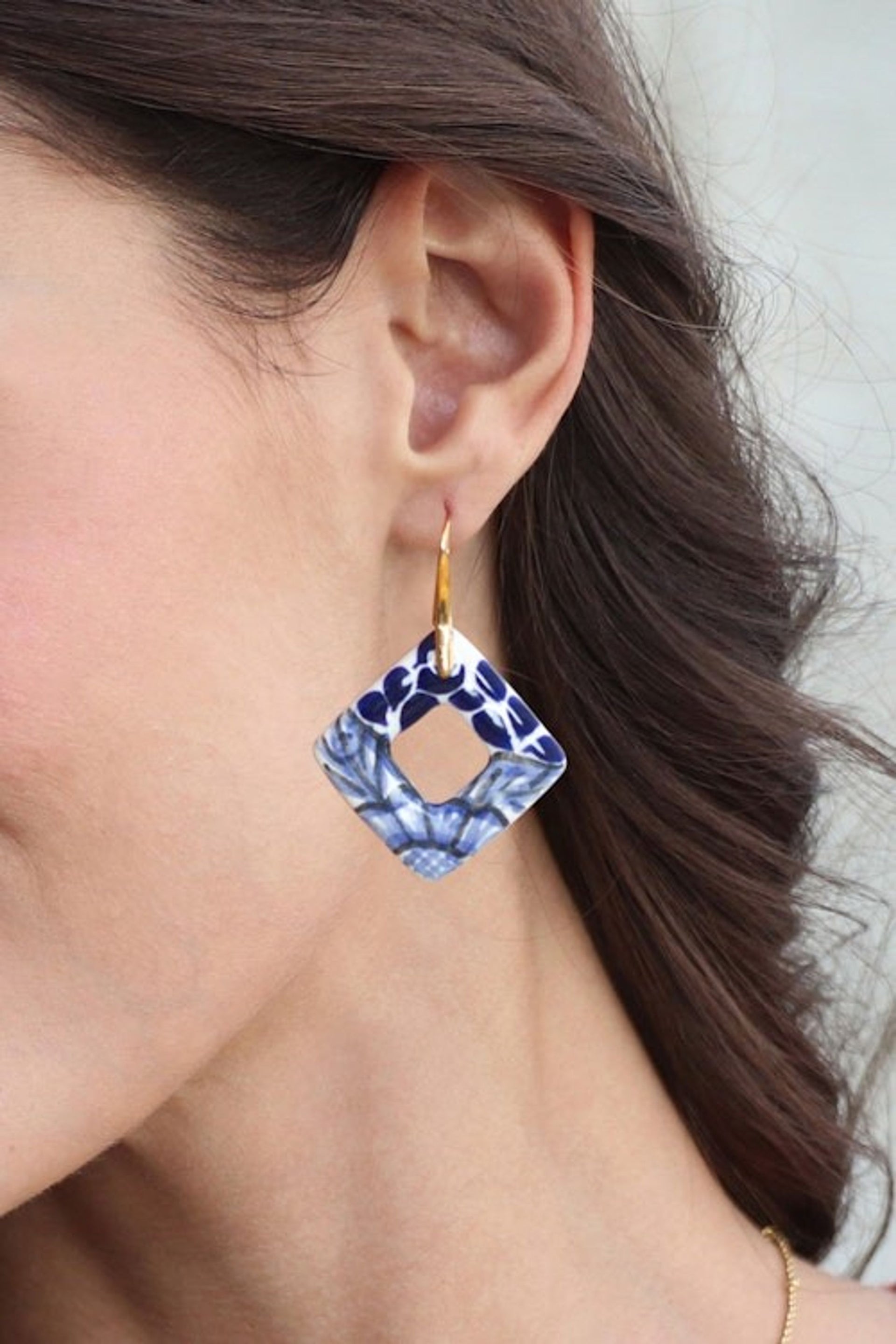 Leafy Diamond-Shaped Blue Ceramic Talavera Dangle Earrings 'Cobalt Blue Diamonds'