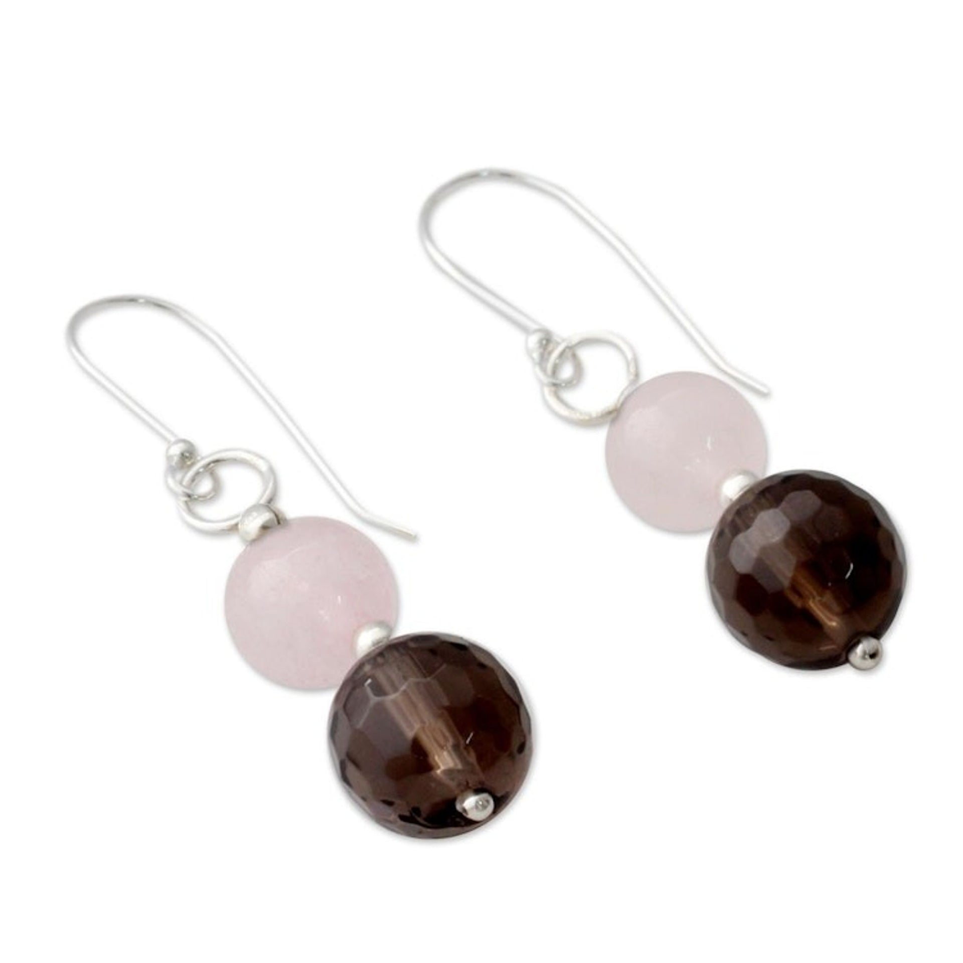 Rose Quartz and Smoky Quartz Dangle Earrings from India 'Earthy Love'