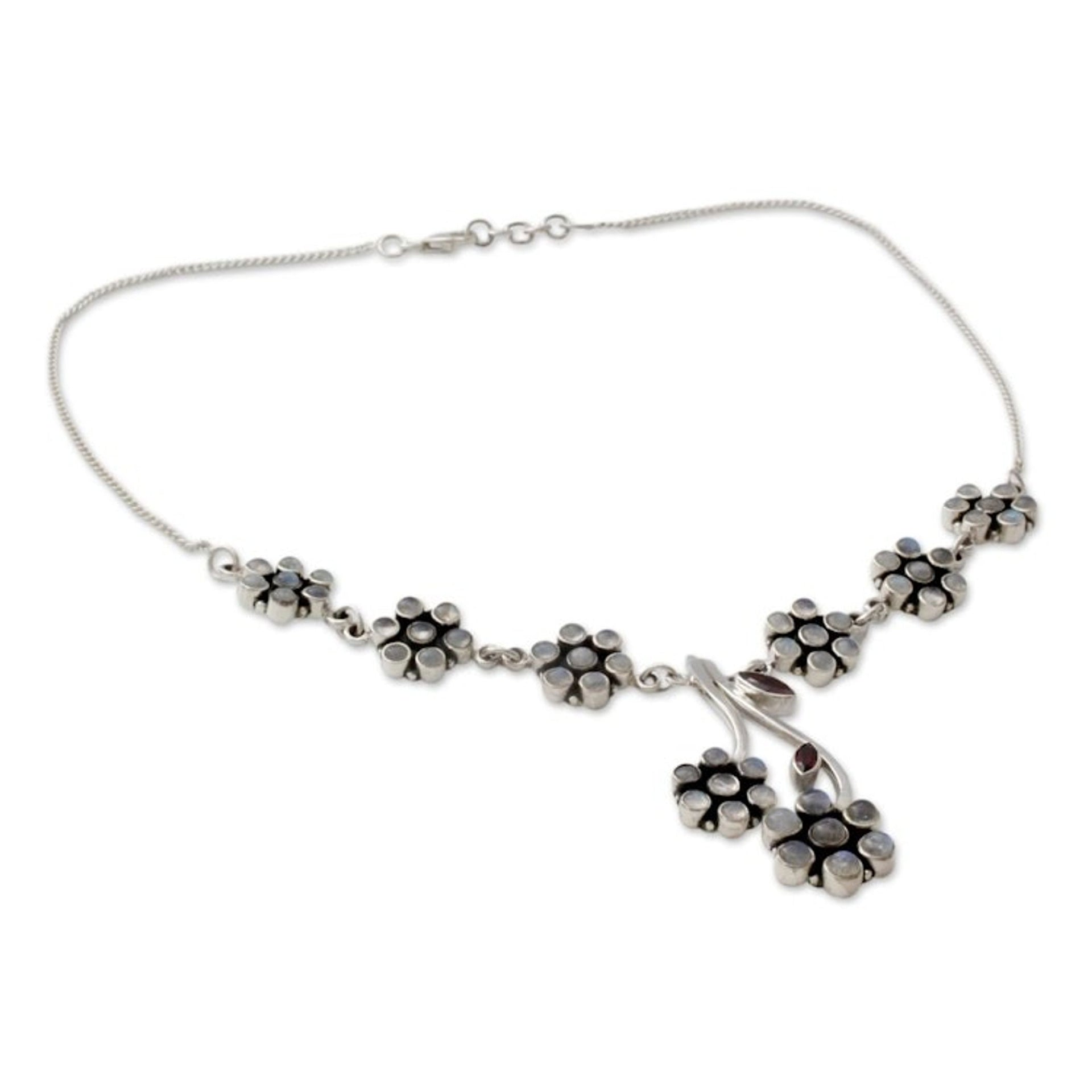 Moonstone and garnet floral necklace 'White Marigold'