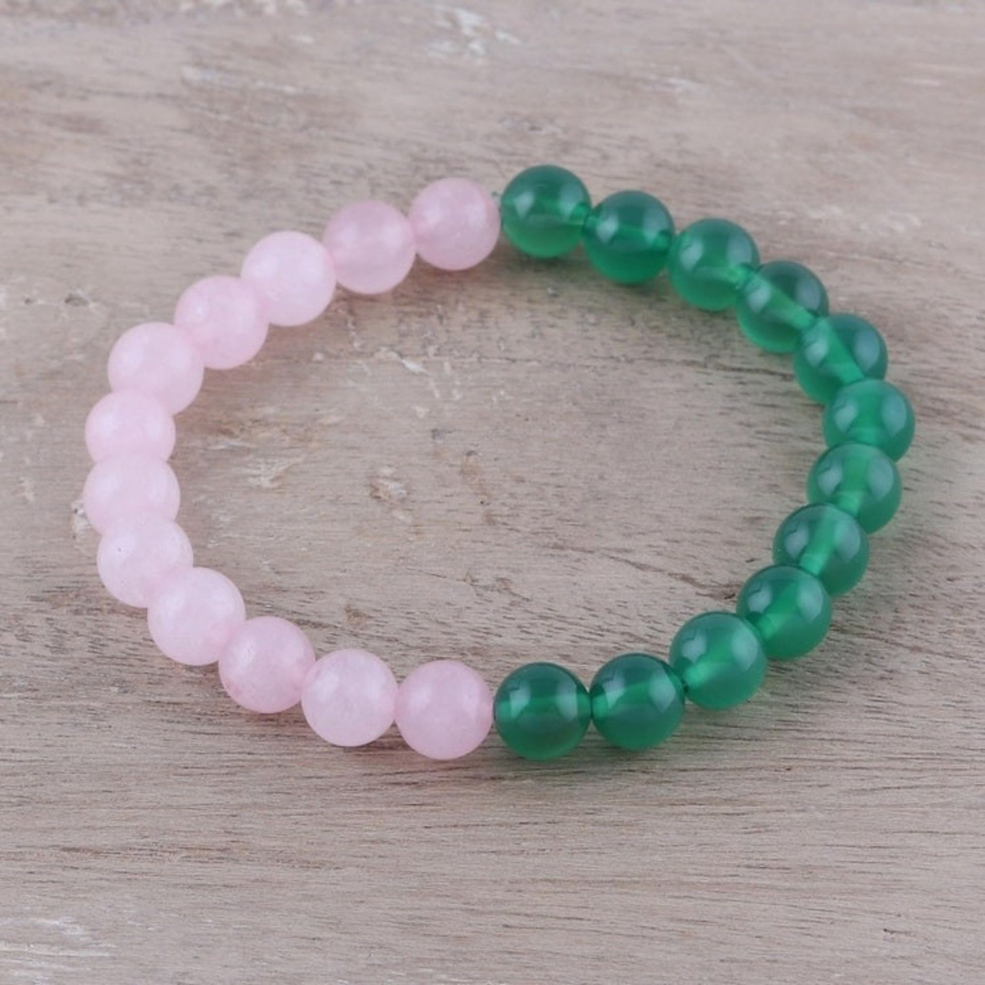 Rose Quartz and Green Onyx Elastic Beaded Bracelet 'First Blush'