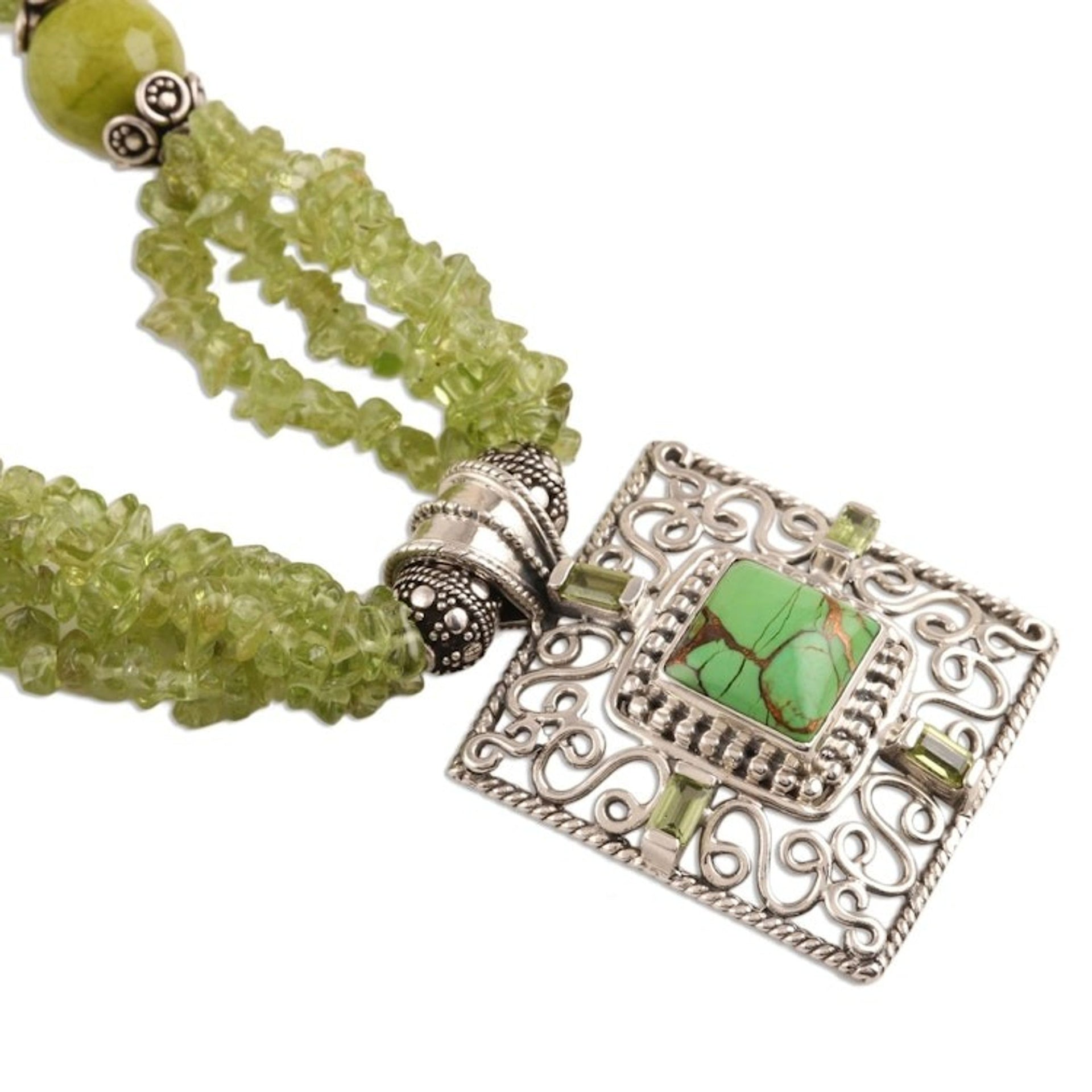 Peridot and Composite Turquoise Beaded Pendant Necklace 'Verdant Square'
