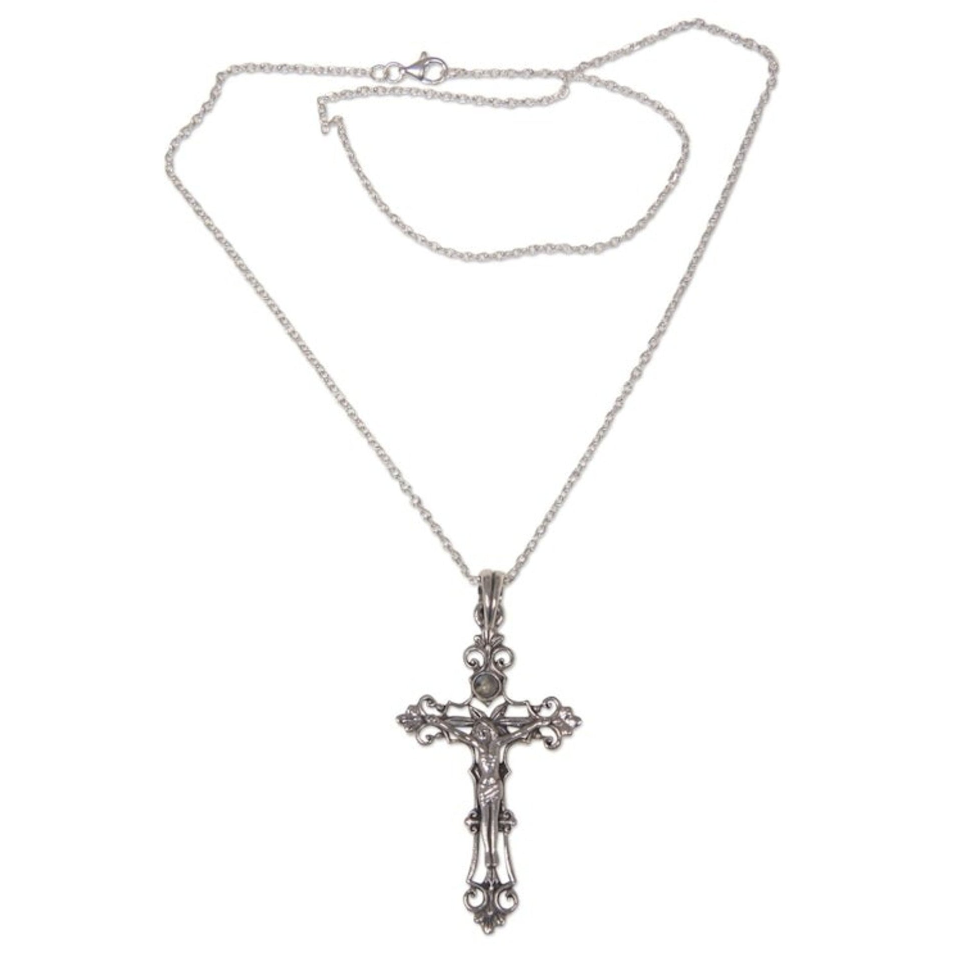 Sterling Silver Rainbow Moonstone Cross Necklace 'Moon Crucifix'