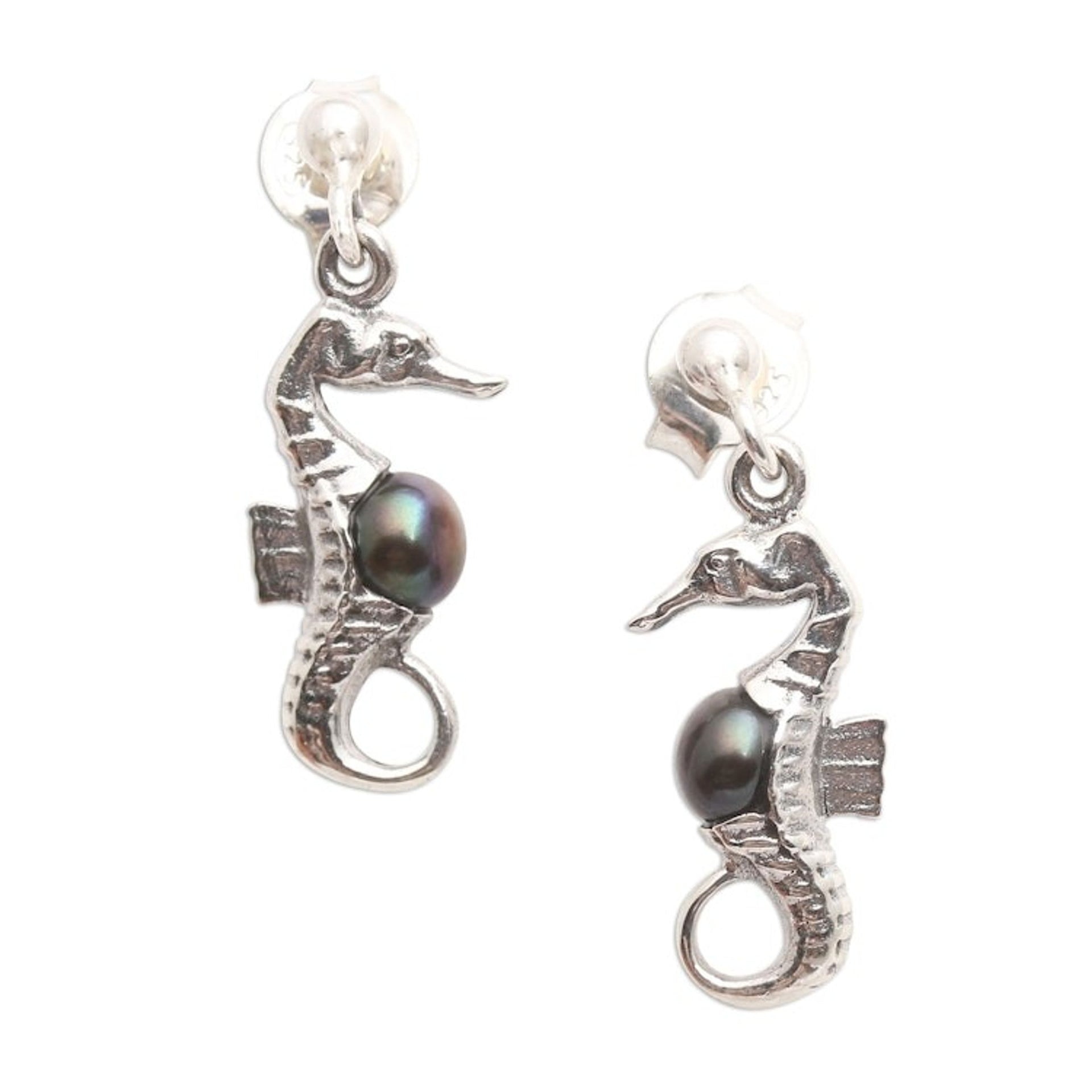 Bali Sterling Silver Seahorse Earrings with Dark Pearls 'Amed Night Seahorse'