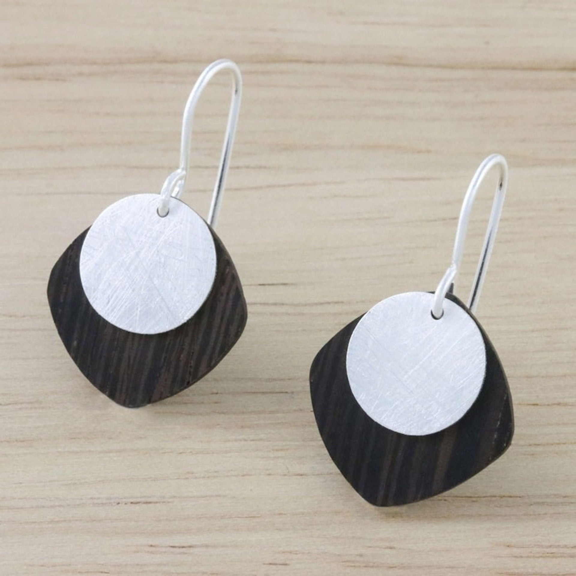 Sterling Silver and Wood Dangle Earrings from Thailand 'Simple and Sophisticated'