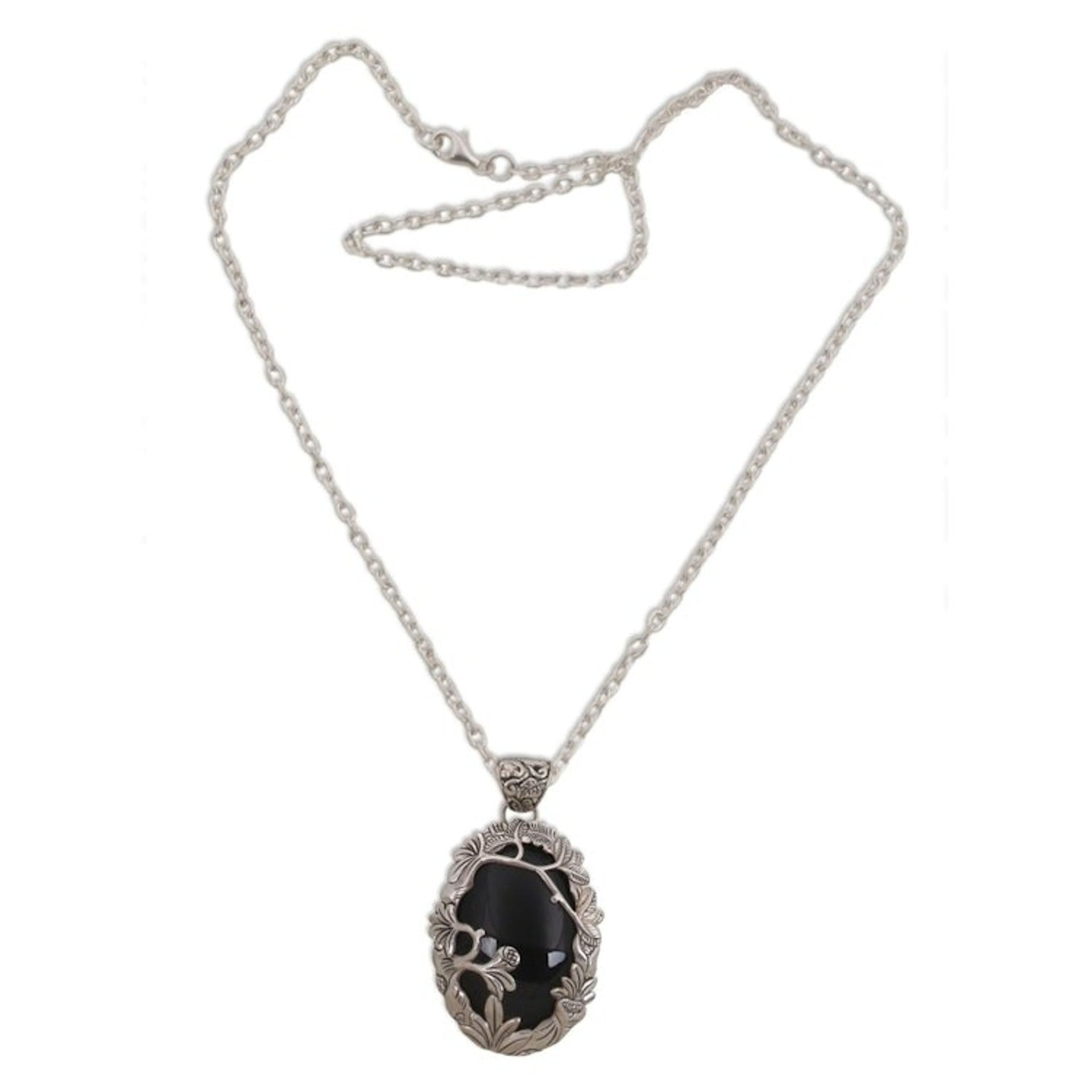 Onyx and Sterling Silver Nature Themed Necklace from Bali 'Dark Woods'