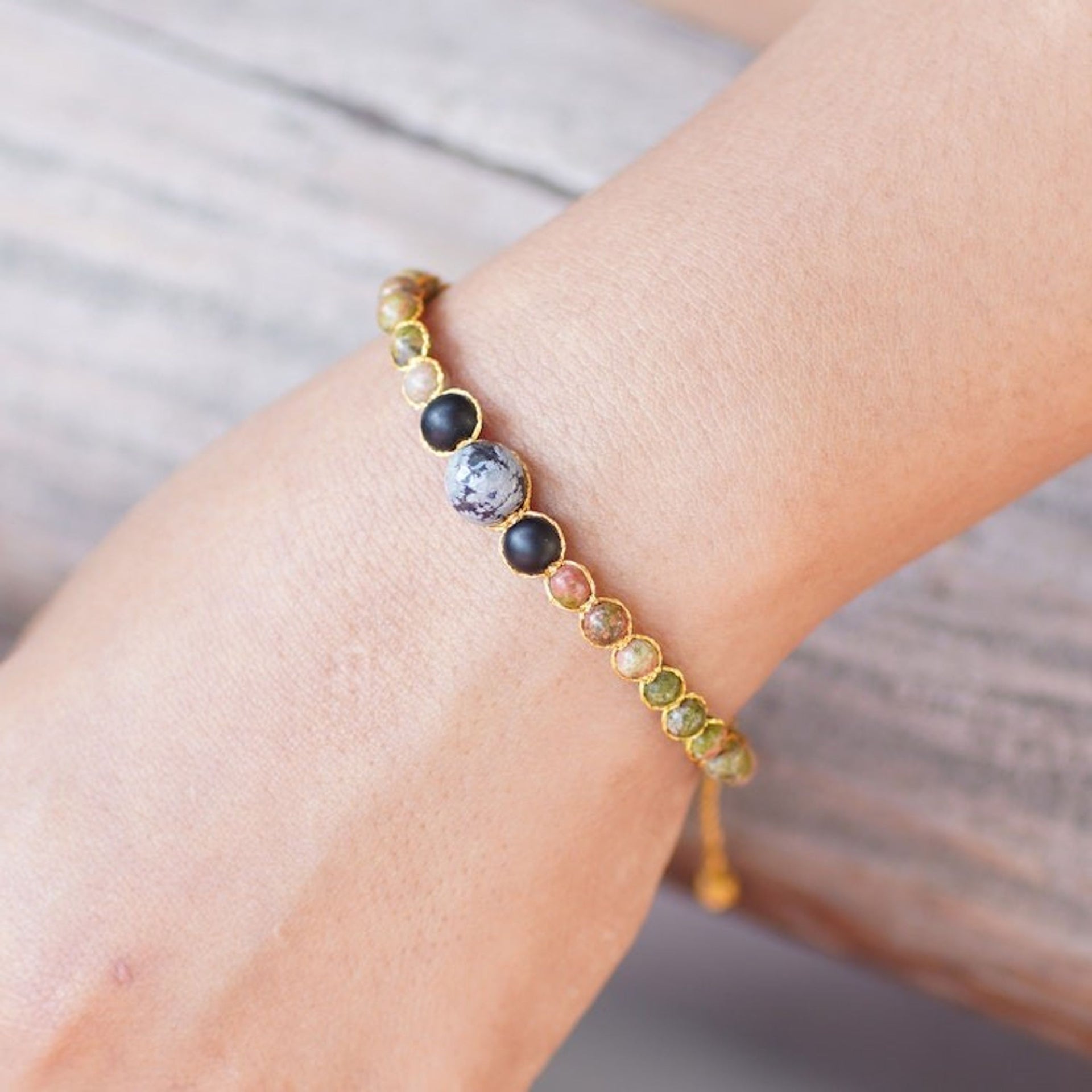 Handcrafted Multi-Gemstone Bracelet with Golden Brass Beads 'New Journey'