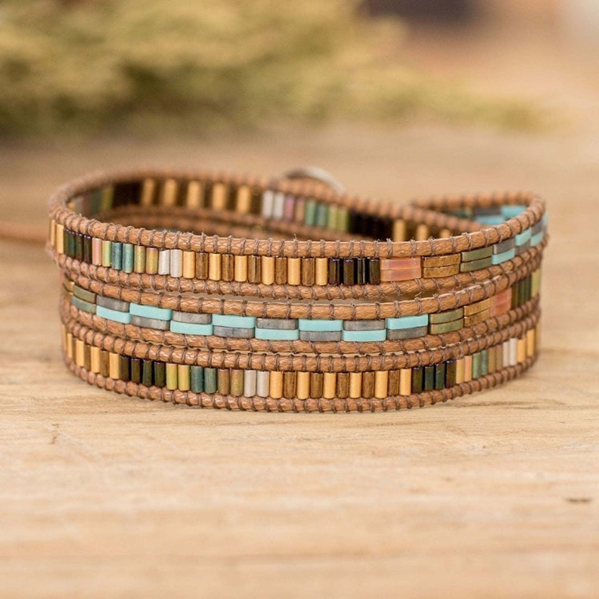 Handcrafted Brown and Blue Glass Beaded Wrap Bracelet 'San Cristobal in Autumn'