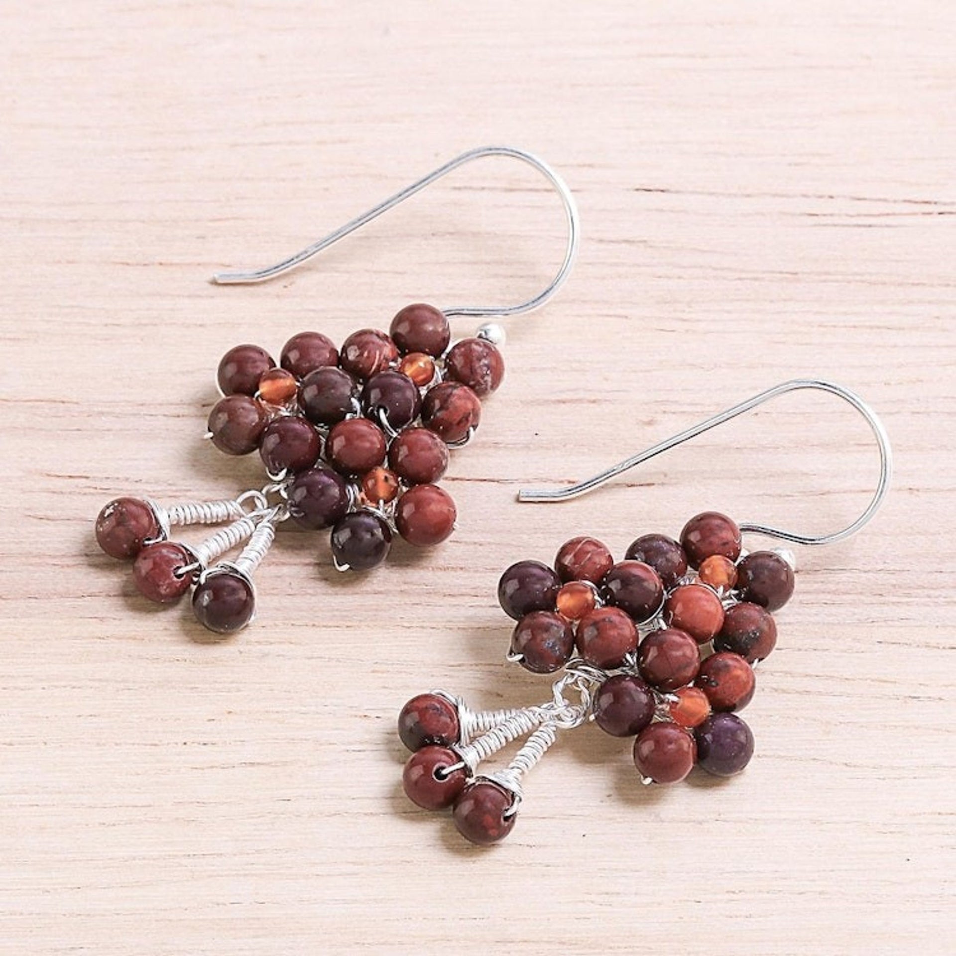 Jasper and Carnelian Beaded Dangle Earrings from Thailand 'Beaded Forest'