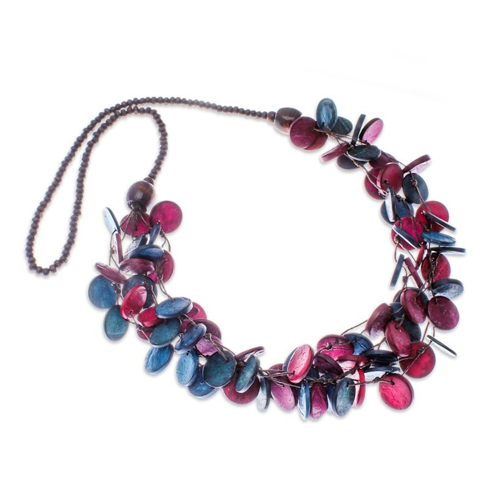Fuchsia and Turquoise Round Wood Beaded Strand Necklace 'Cycles of Fantasy'