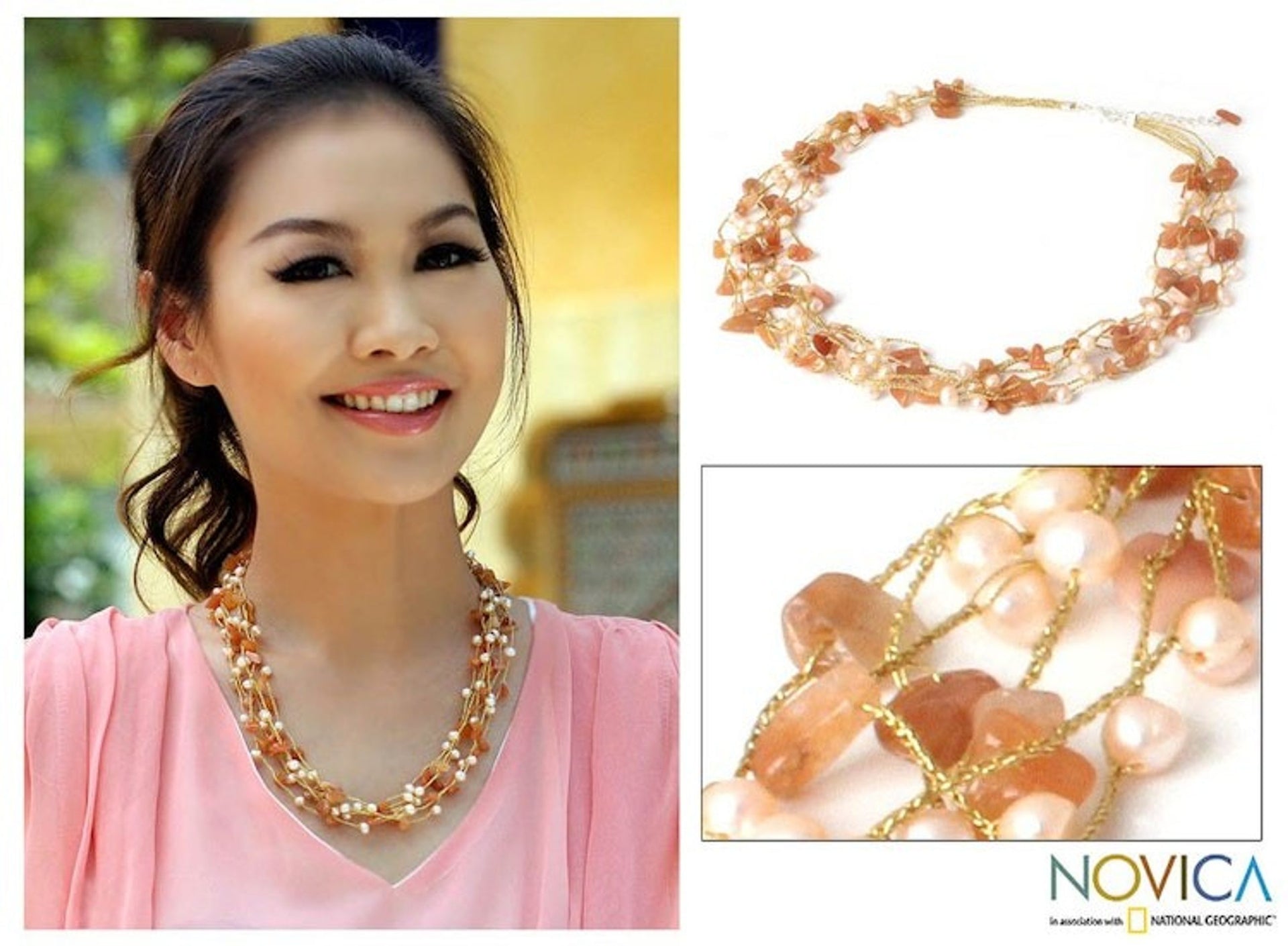 Hand Crafted Beaded Aventurine and Pearl Necklace 'Afternoon Glow'