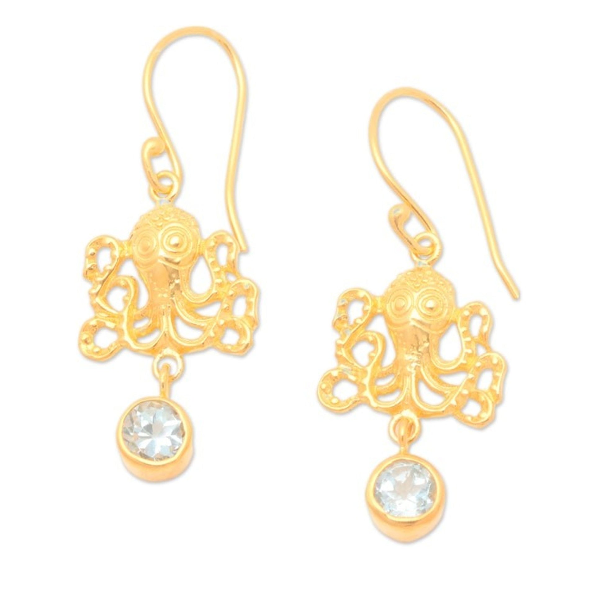 22k Gold-Plated Octopus Dangle Earrings with Blue Topaz Gems 'Golden Sage of the Sea'