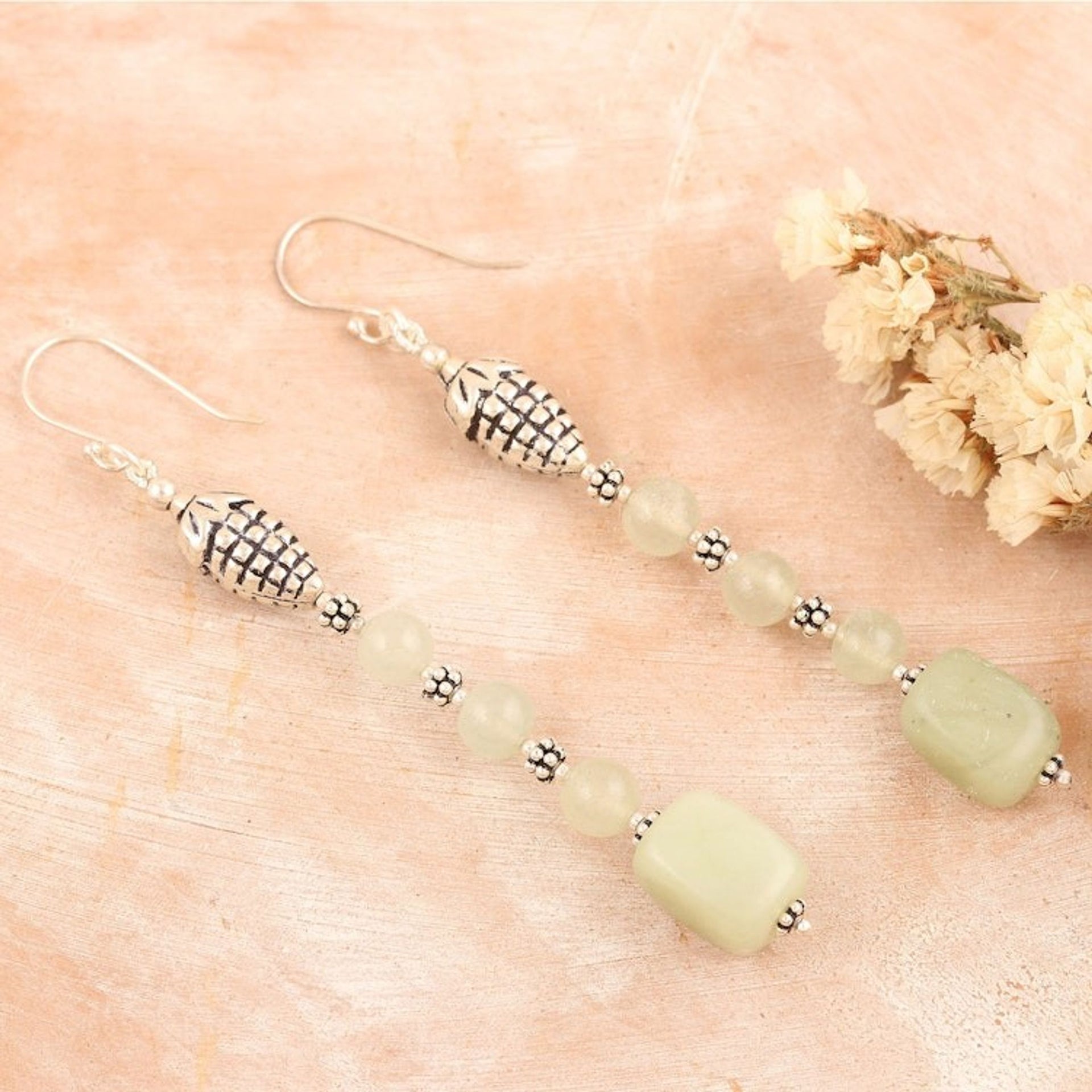 Sterling Silver Dangle Earrings with Aventurine Gemstones 'Prosperous'