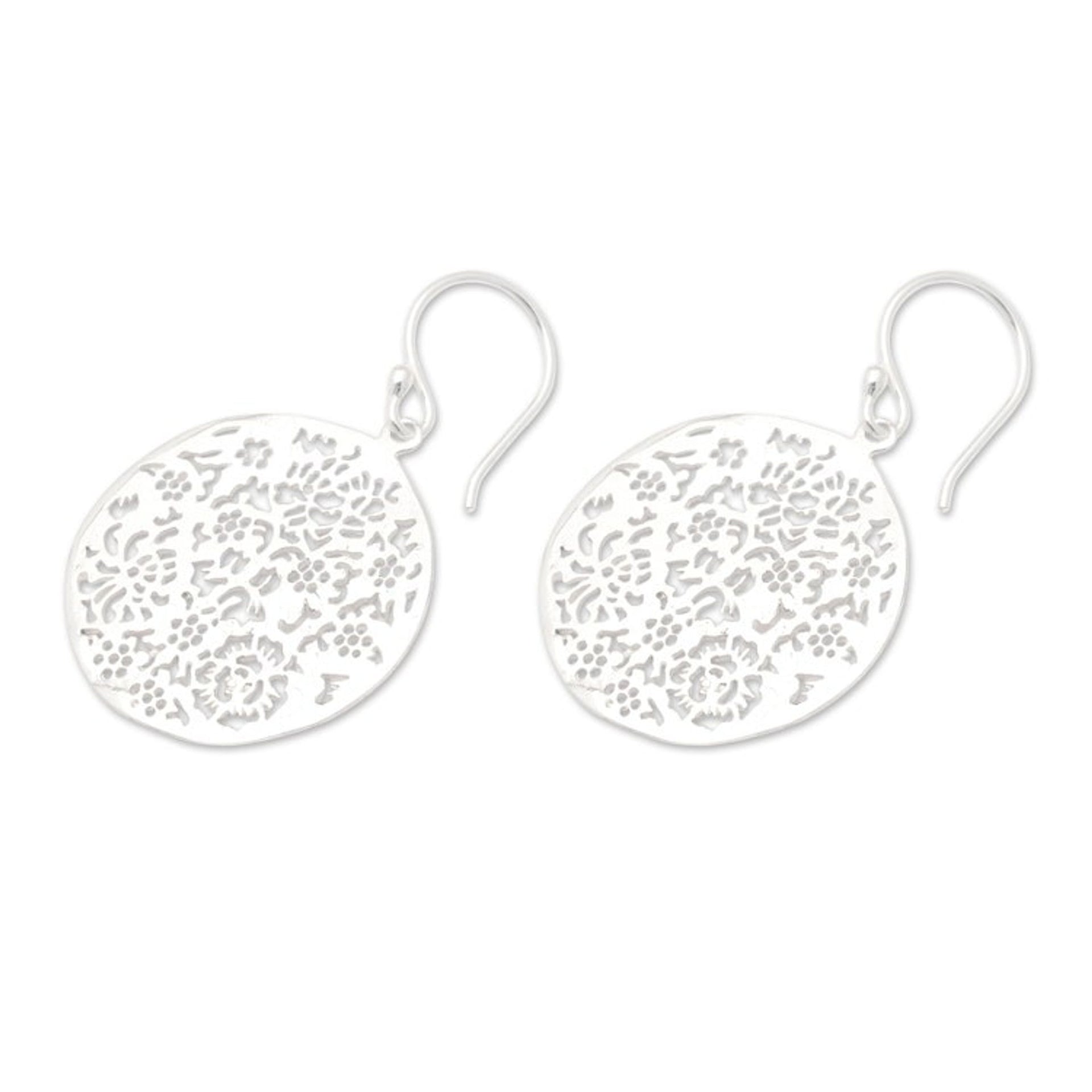 Floral and Leafy Round Sterling Silver Dangle Earrings 'Blooming Summer'