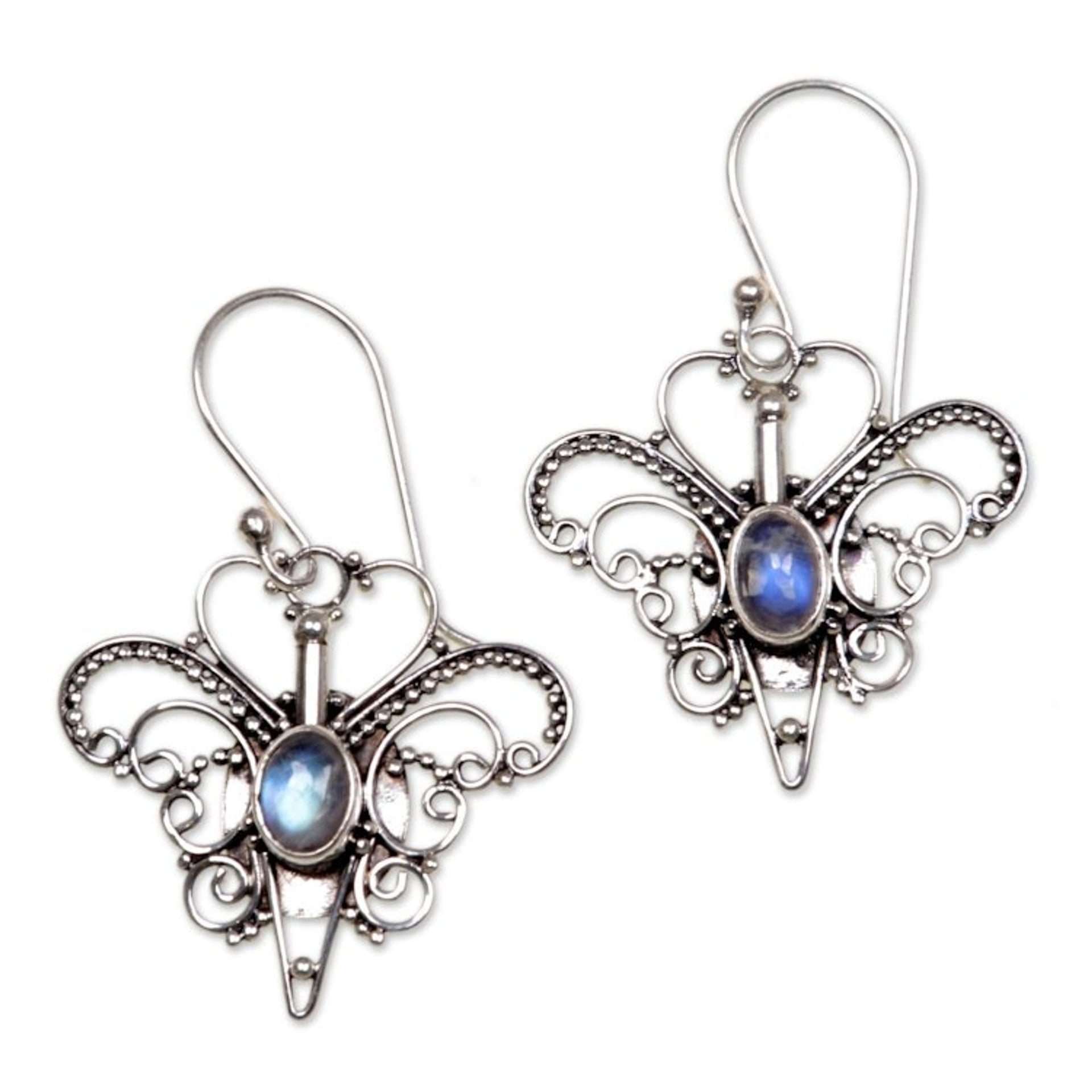 Rainbow Moonstone Sterling Silver Dangle Earrings 'Butterfly Love'