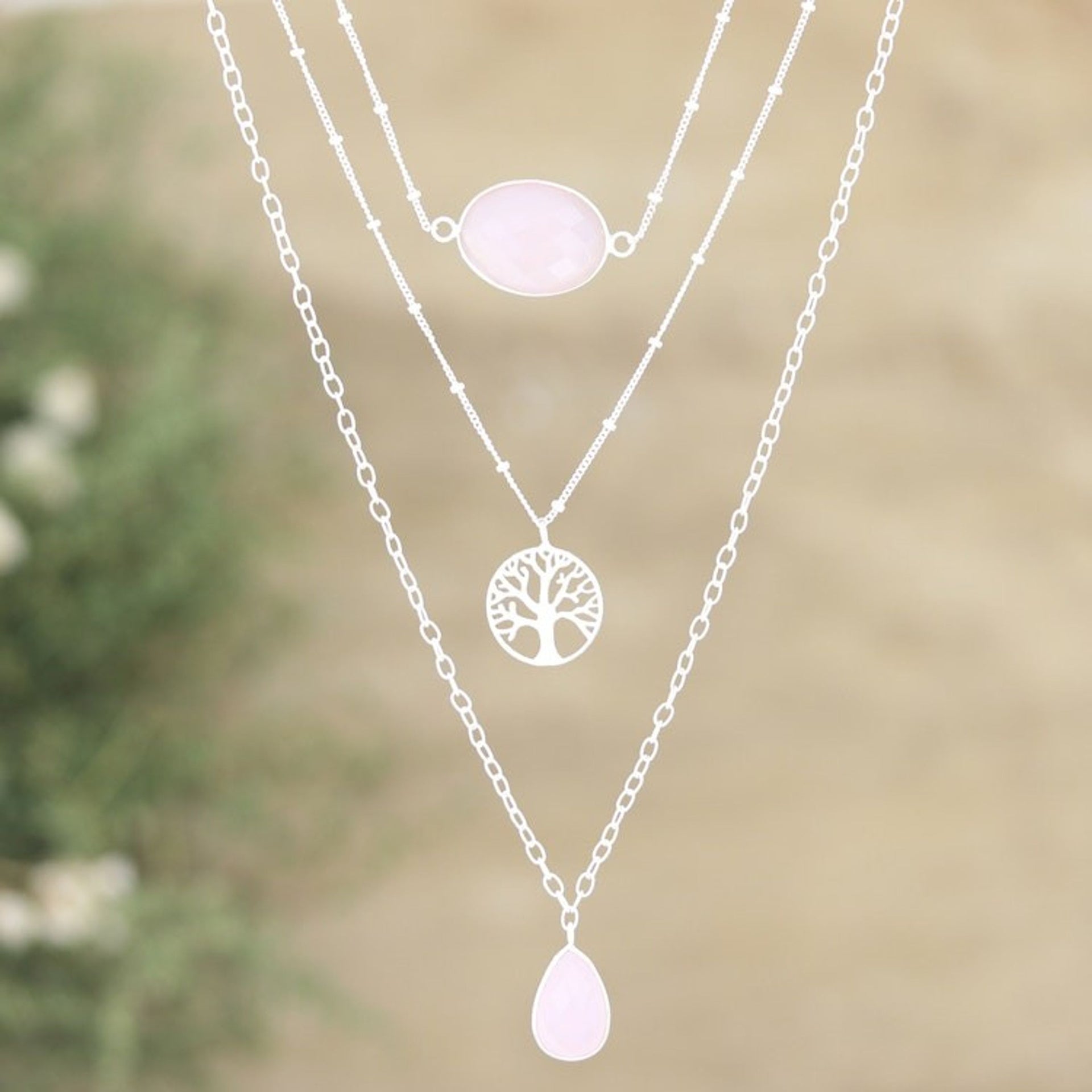 Sterling Silver 3-Strand Pendant Necklace with Rose Quartz 'Unconditional Nature'