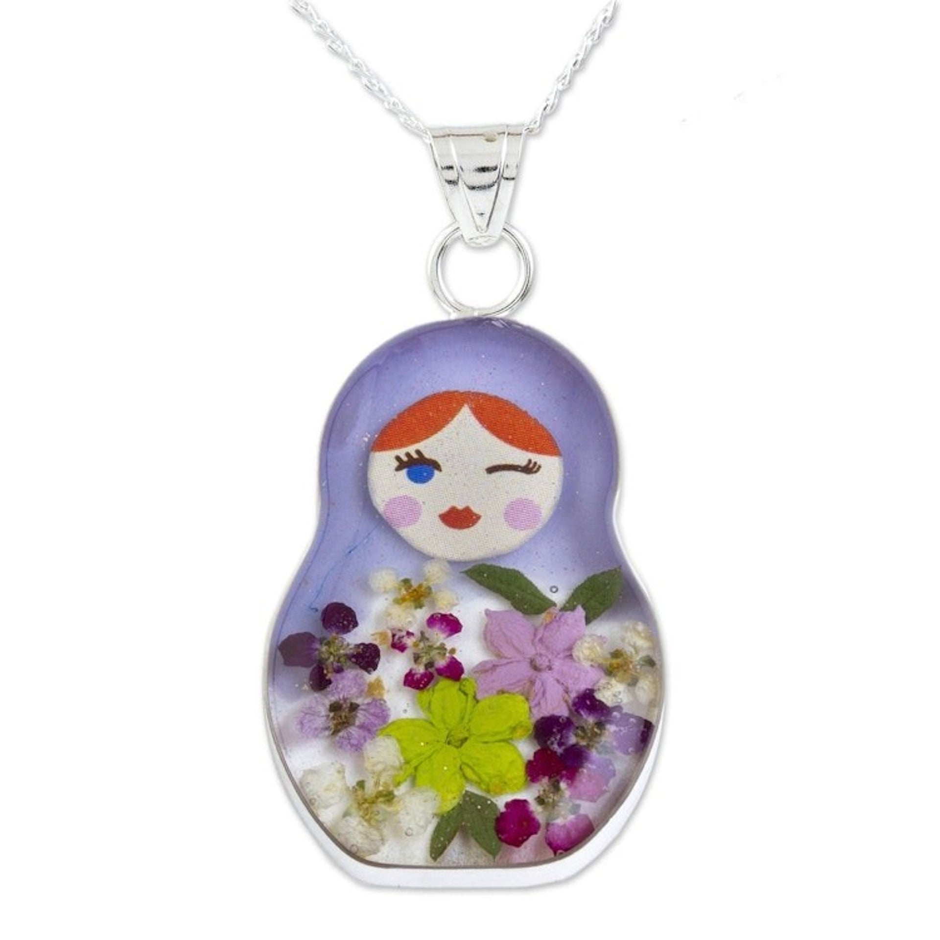 Blue Matryoshka Doll Pendant Necklace with Natural Flowers 'Blue Mexican Matryoshka'