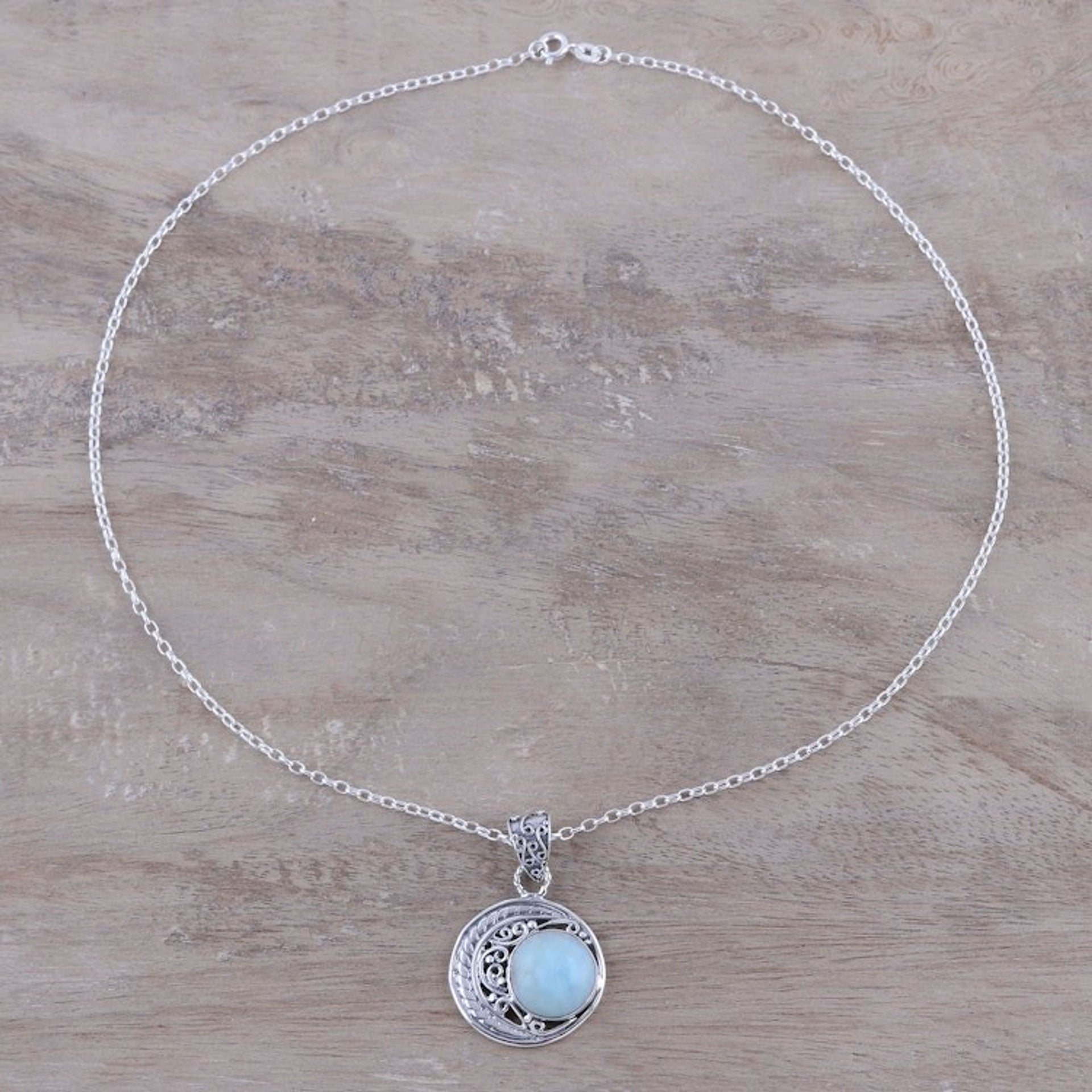 Crescent Motif Larimar Pendant Necklace from India 'Crescent Elegance'