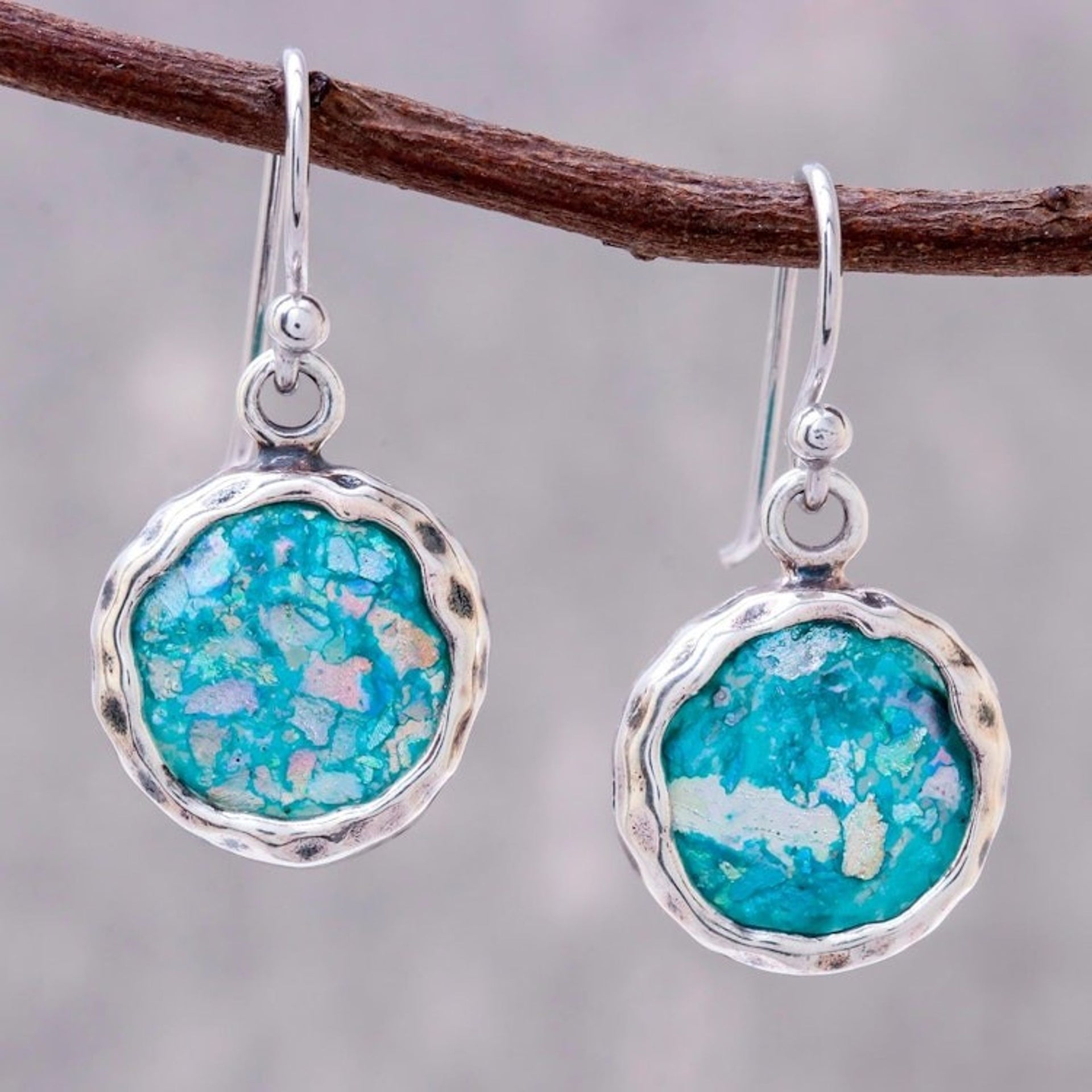 Handcrafted Roman Glass Dangle Earrings from Thailand 'Roman Mirrors'