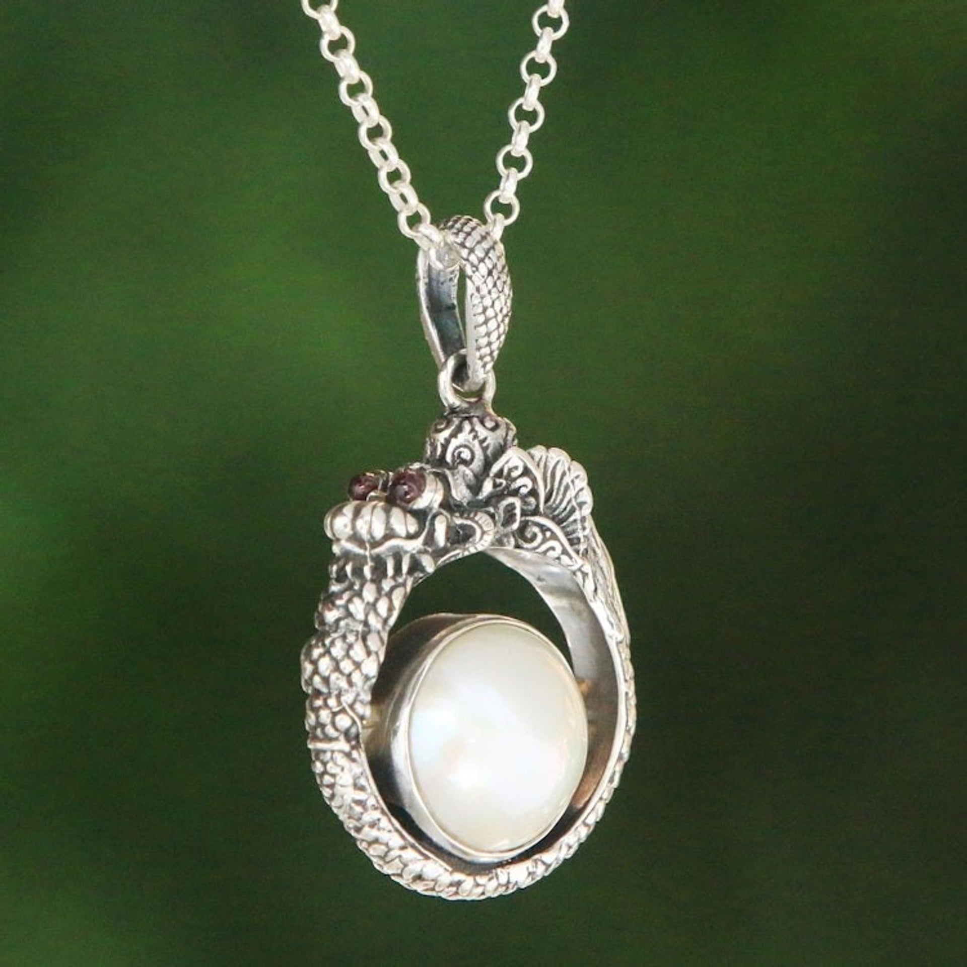 Cultured Pearl and Garnet Dragon Necklace from Bali 'Brave Basuki'