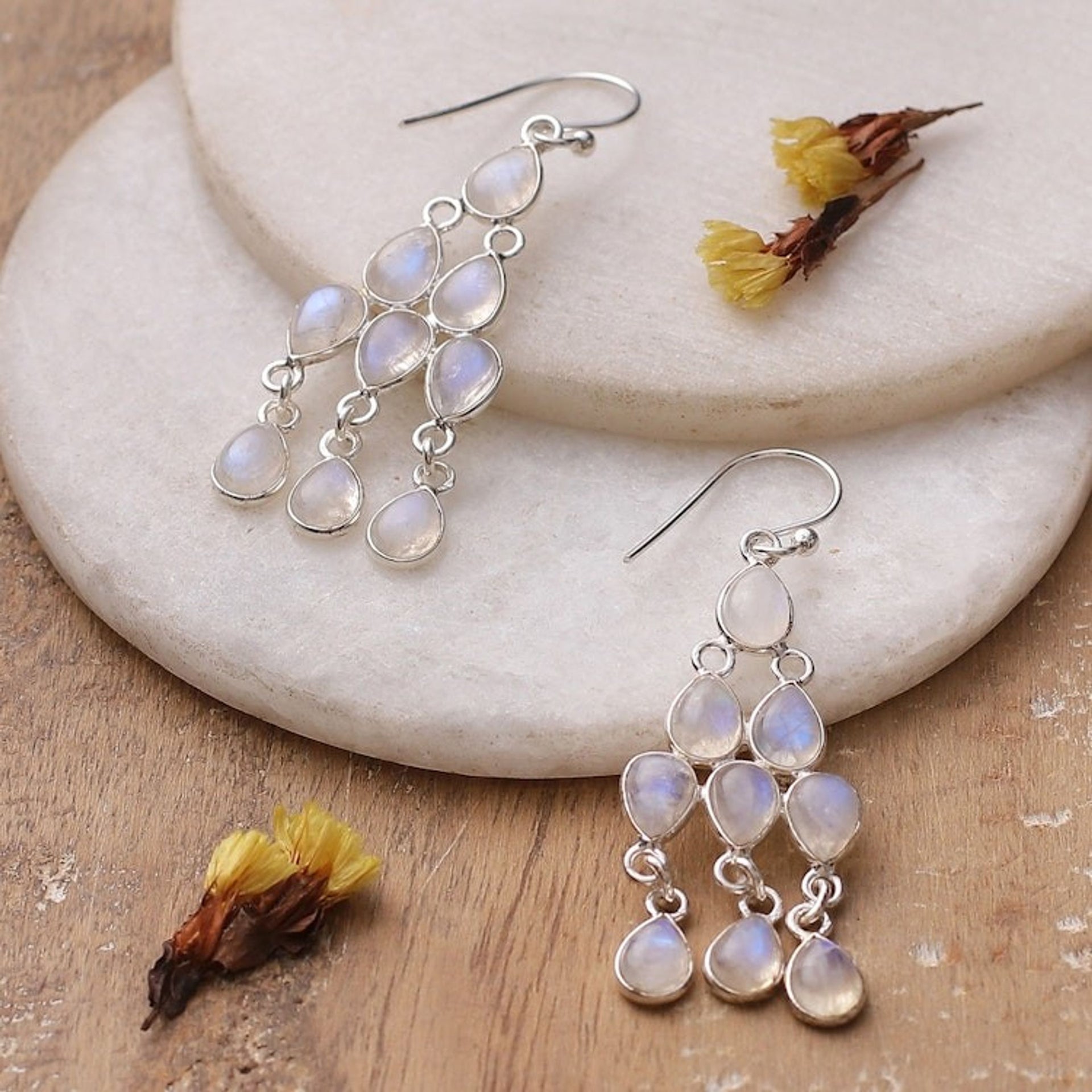 Rainbow Moonstone Silver Chandelier Earrings from India 'Iridescent Cascade'