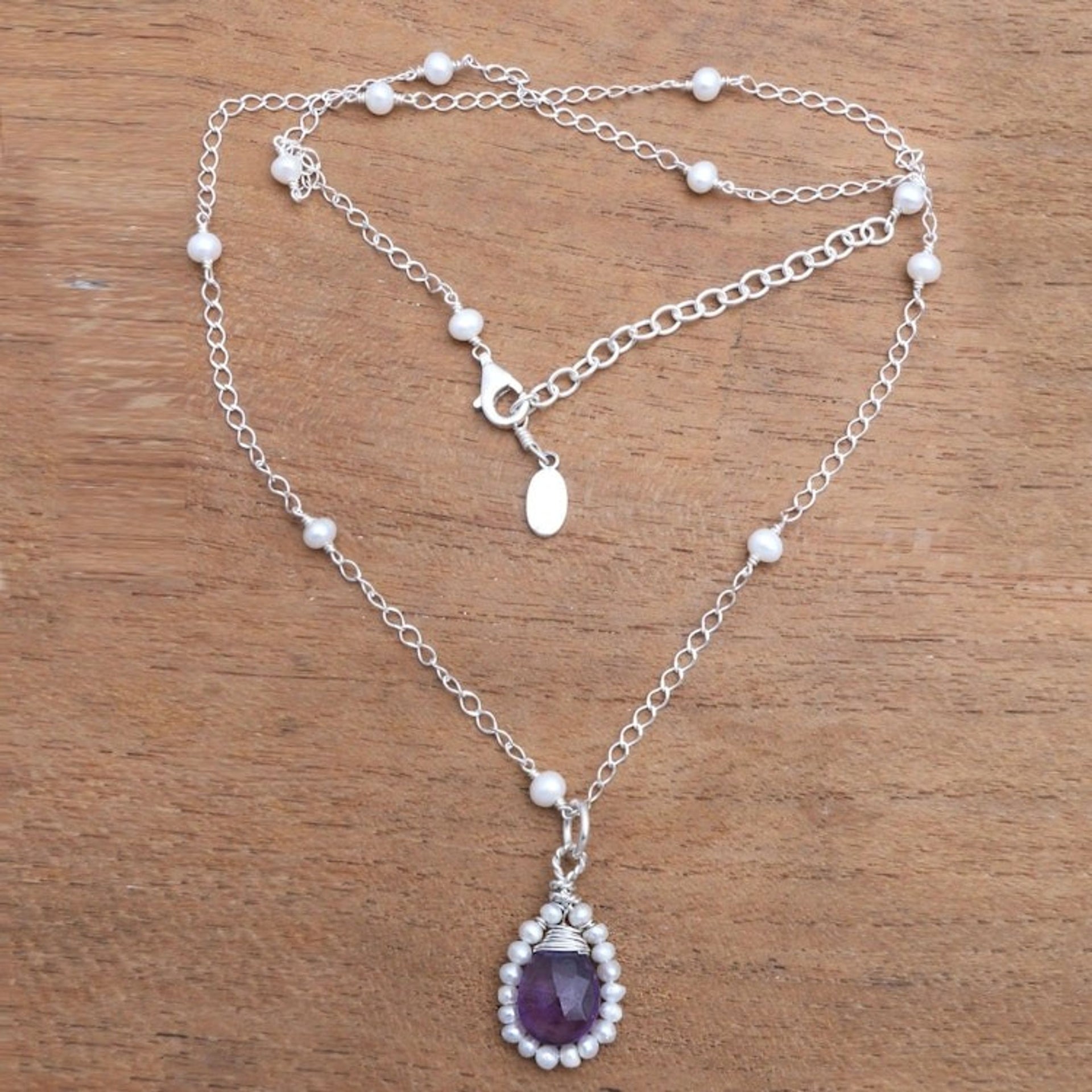 Amethyst and Cultured Pearl Pendant Necklace from Bali 'Wreathed Beauty'