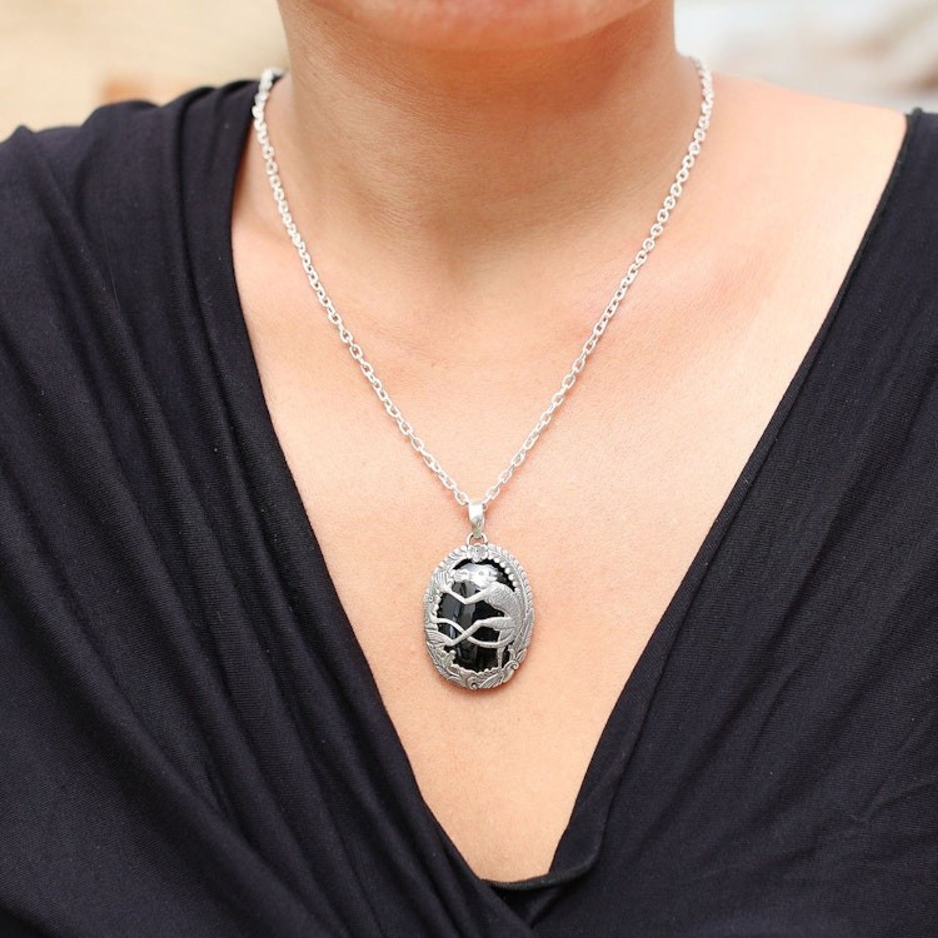 Onyx and 925 Silver Lemur Pendant Necklace from Bali 'Lemur Jungle'