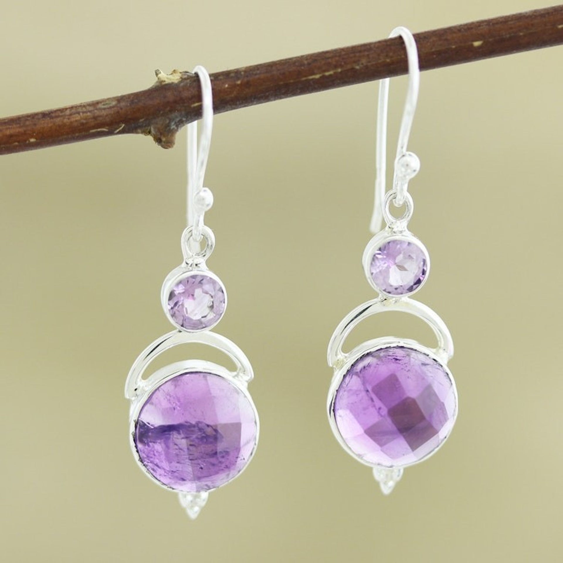Handmade Sterling Silver Amethyst Dangle Earrings India 'Alluring Serenity in Lilac'