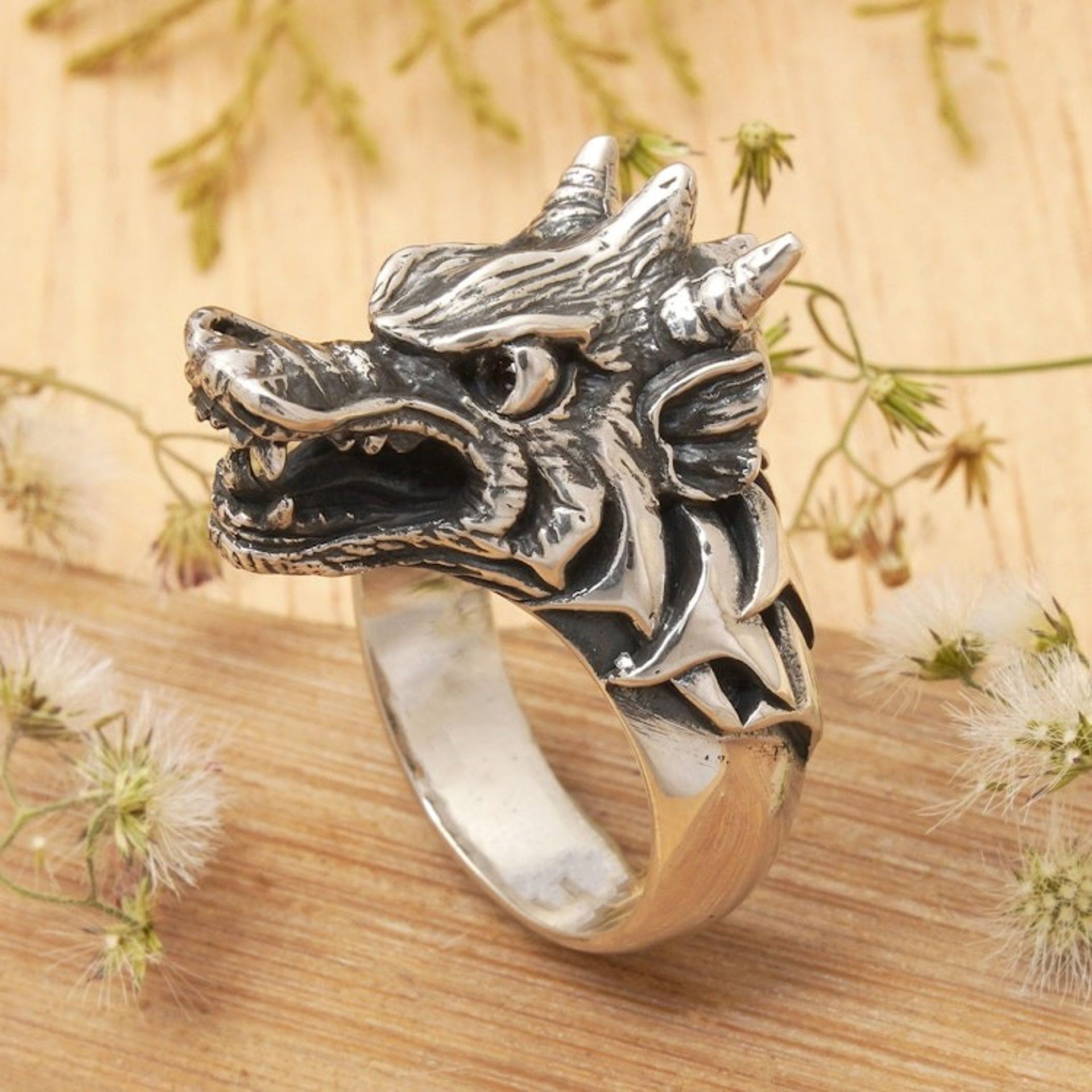 Garnet and Sterling Silver Men's Dragon Wolf Ring 'Dragon Wolf'