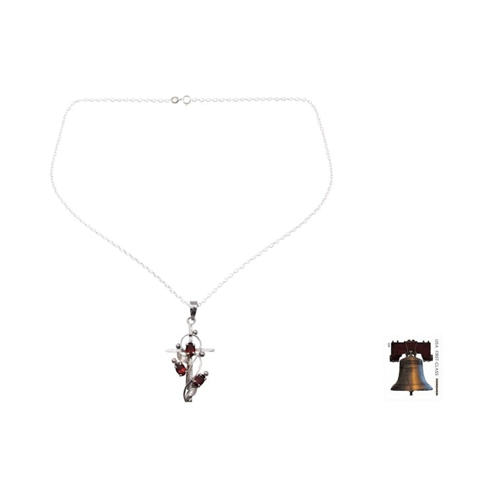 Garnet and Silver Cross Pendant Necklace from India 'Sacred Trinity'
