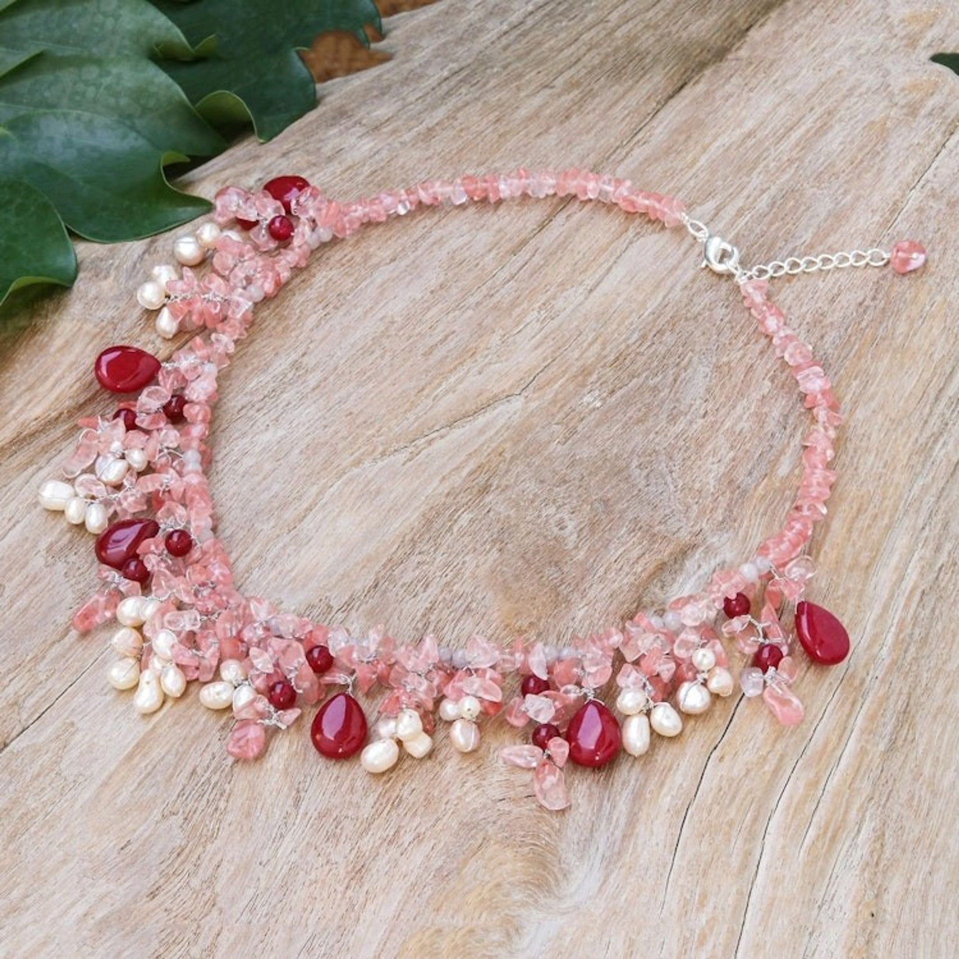 Handmade Cultured Pearl and Quartz Pendant Necklace 'Pink Palace'