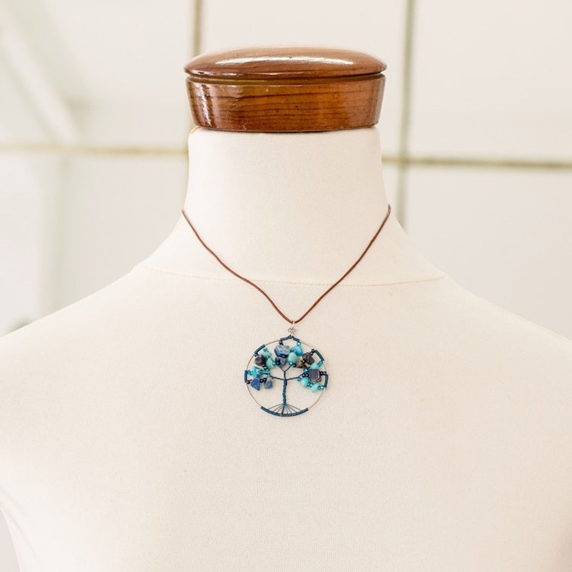 Tree-Themed Round Blue Jasper and Quartz Pendant Necklace 'Blue Jasper World'