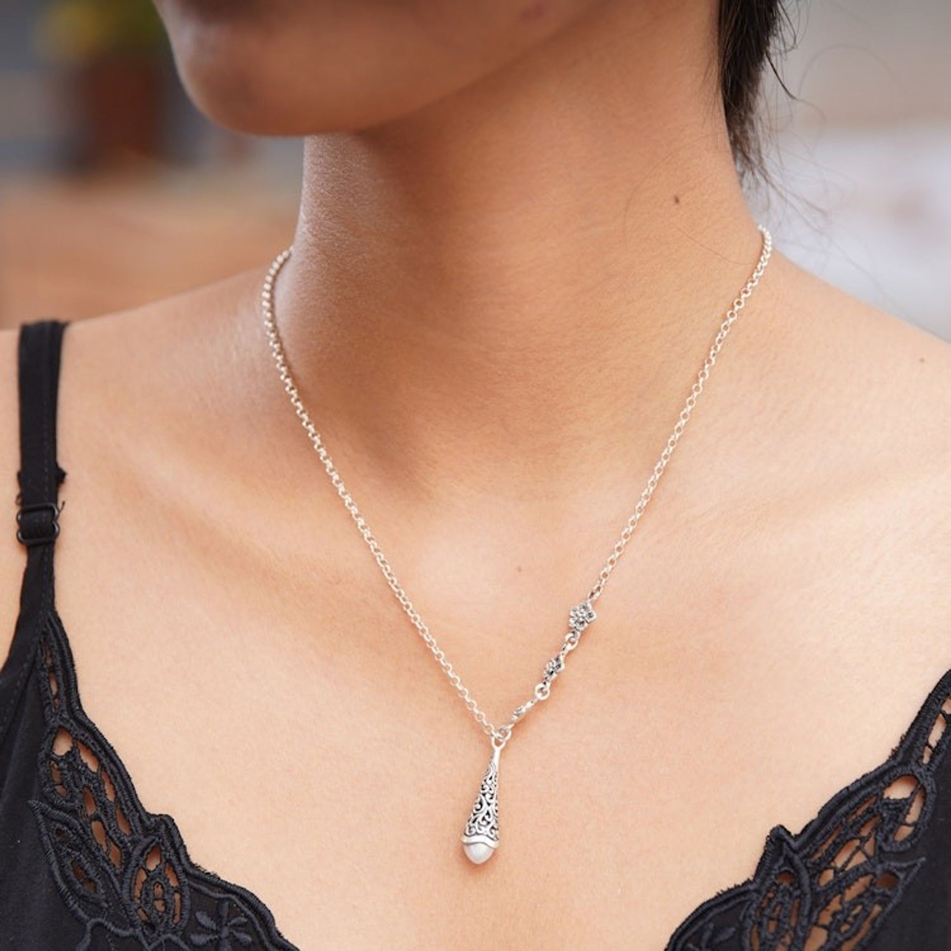 Floral Sterling Silver Pendant Necklace with Grey Pearl 'Floral Lantern'