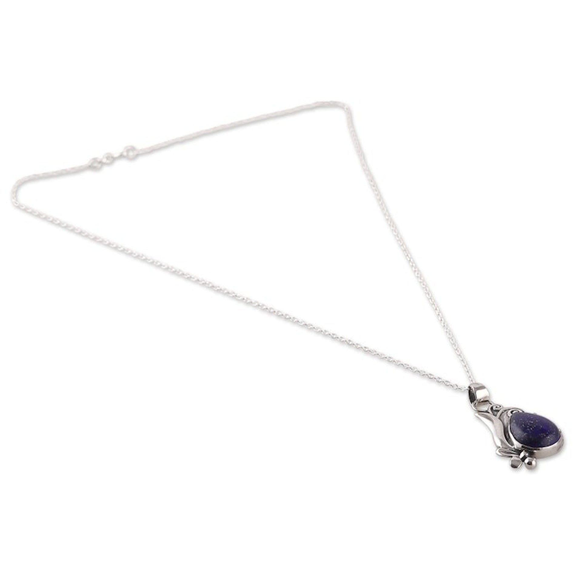 Leafy Polished Sterling Silver Lapis Lazuli Pendant Necklace 'Grand Blue'