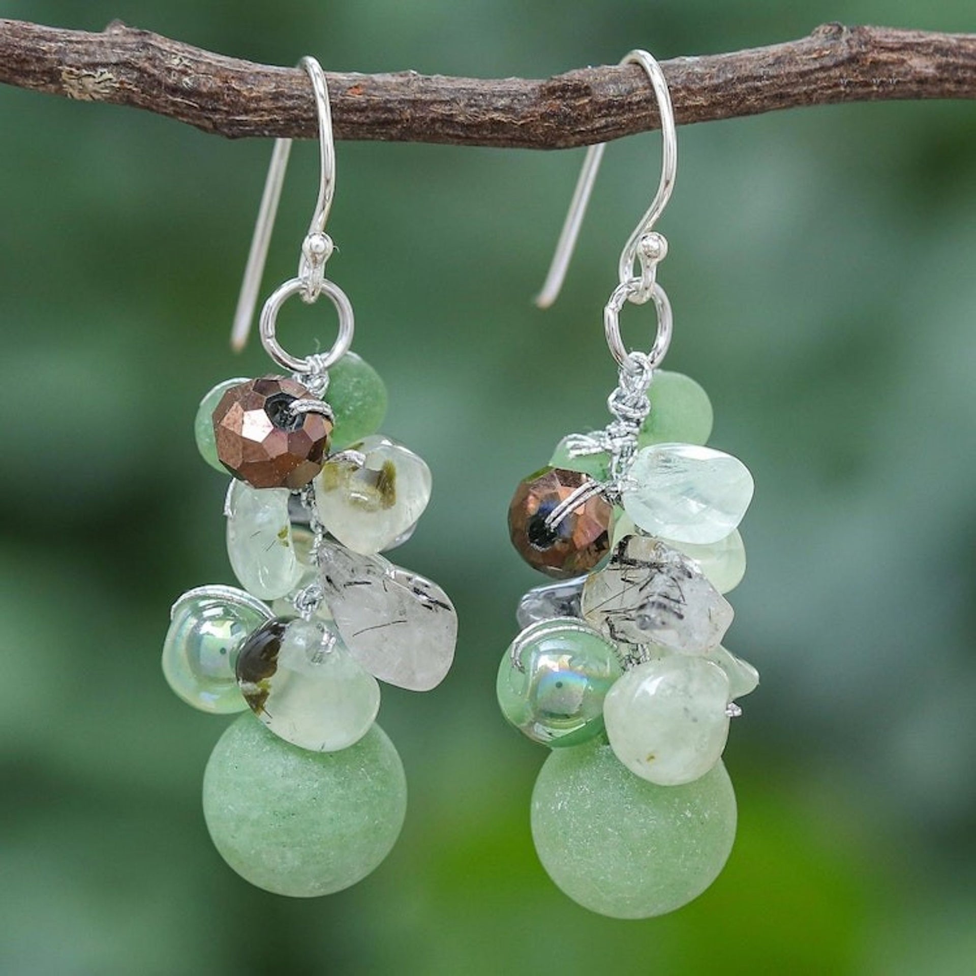 Handcrafted Prehnite and Glass Bead Dangle Earrings 'Rainstorm'