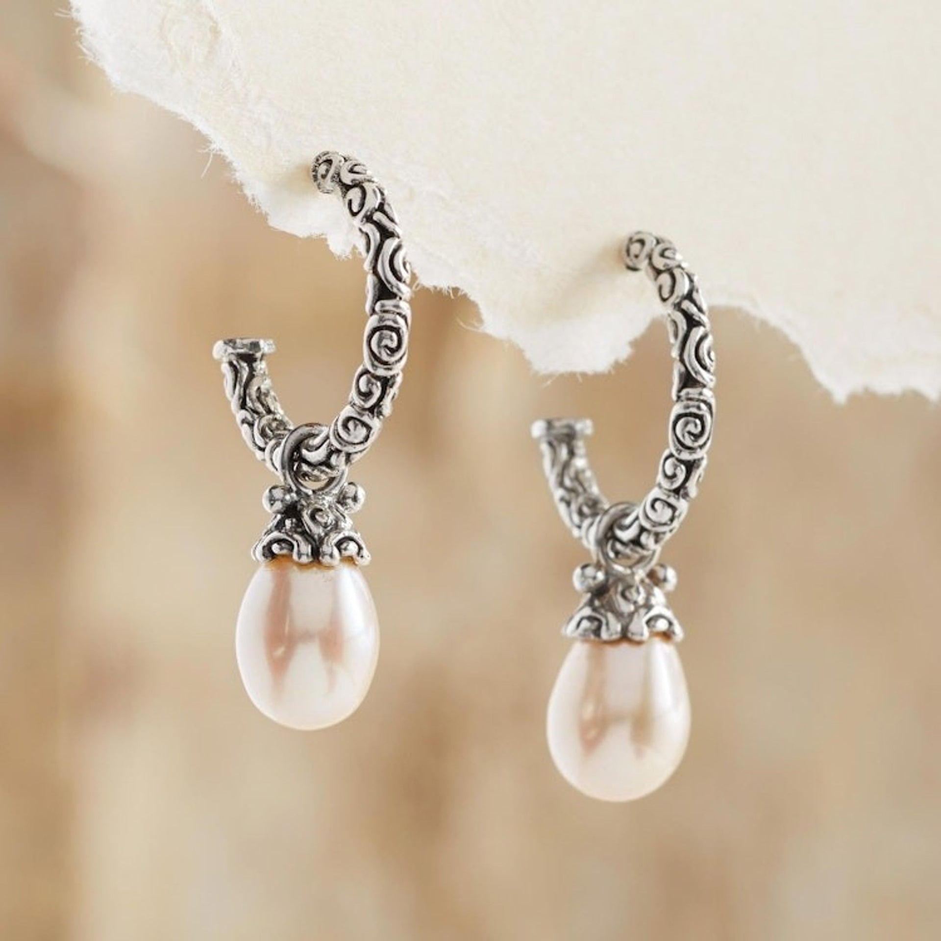 Sterling Silver Cultured Pearl Half Hoop Earrings 'Blushing Rose'