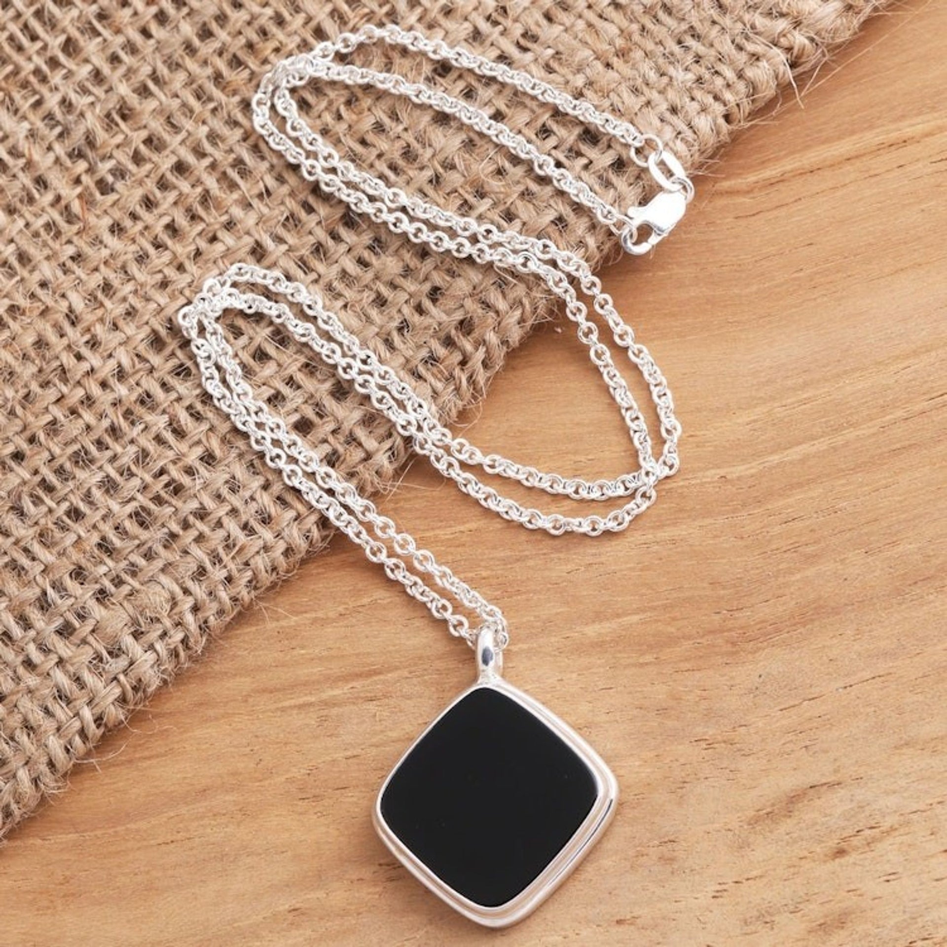 Sterling Silver Square Black Onyx Pendant Necklace 'Diagonal Square'