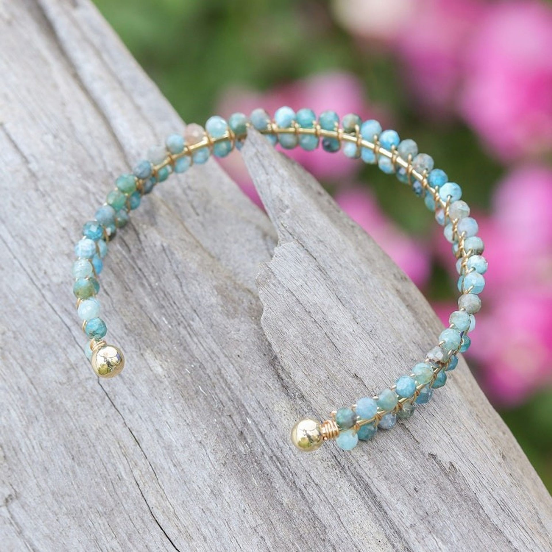 Blue Apatite Beaded Cuff Bracelet in a High Polish Finish 'Life of Sapience'