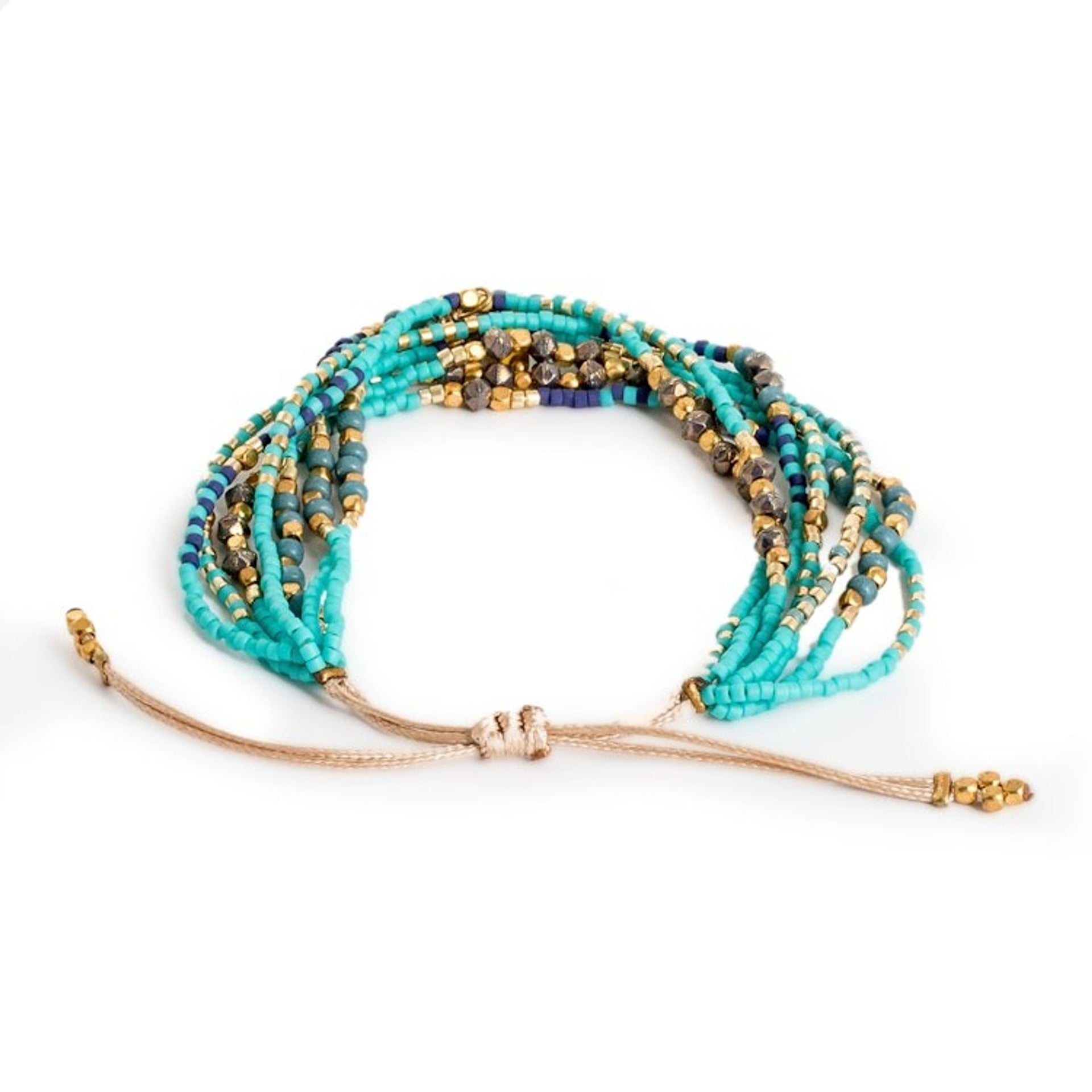 Adjustable Handcrafted Aqua Glass Beaded Strand Bracelet 'Trendy Aqua'