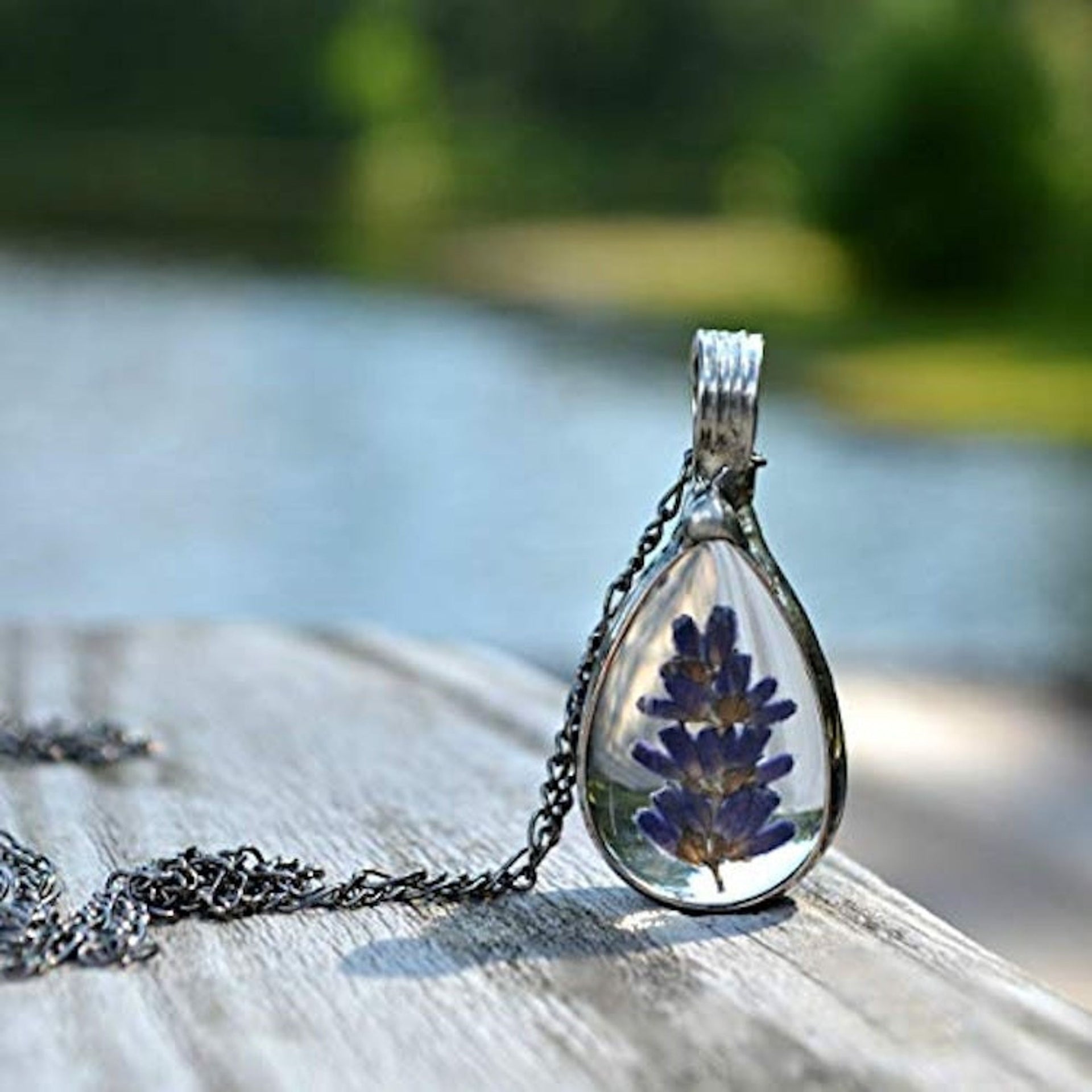 Teardrop Lavender Flower Glass Pendant Necklace
