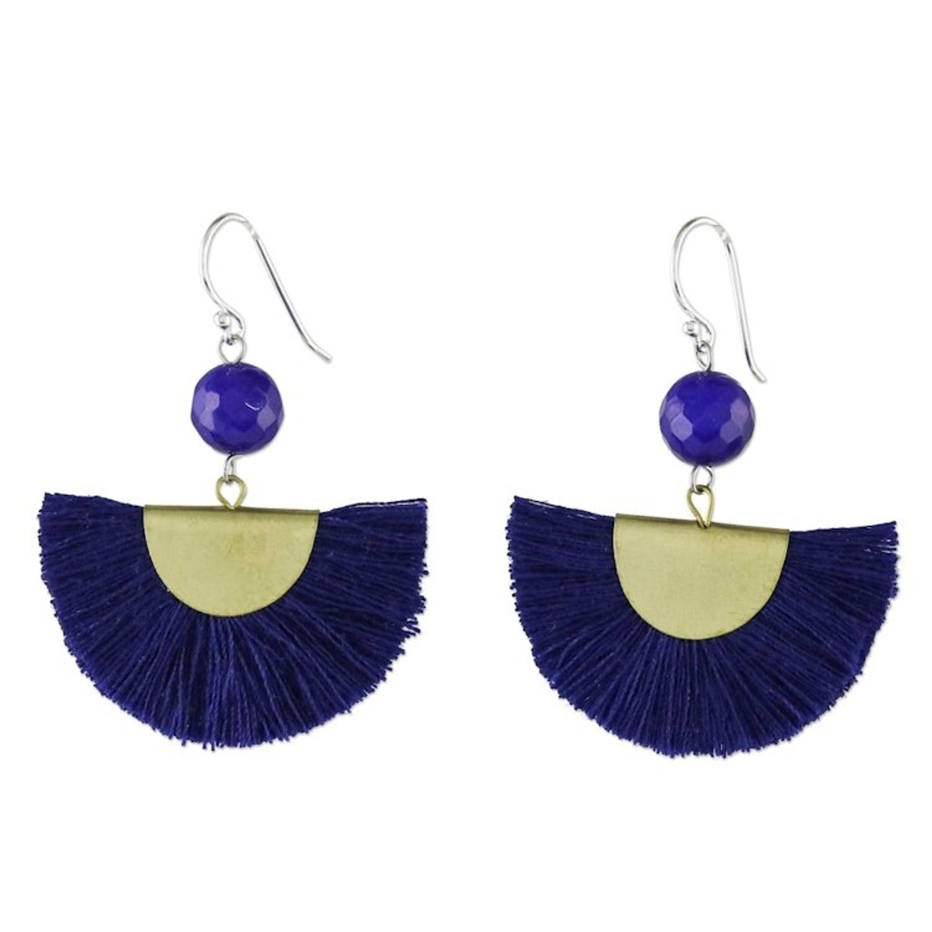 Quartz and Brass Bead Dangle Earrings with Cotton Fringe 'Festival in Ultramarine'