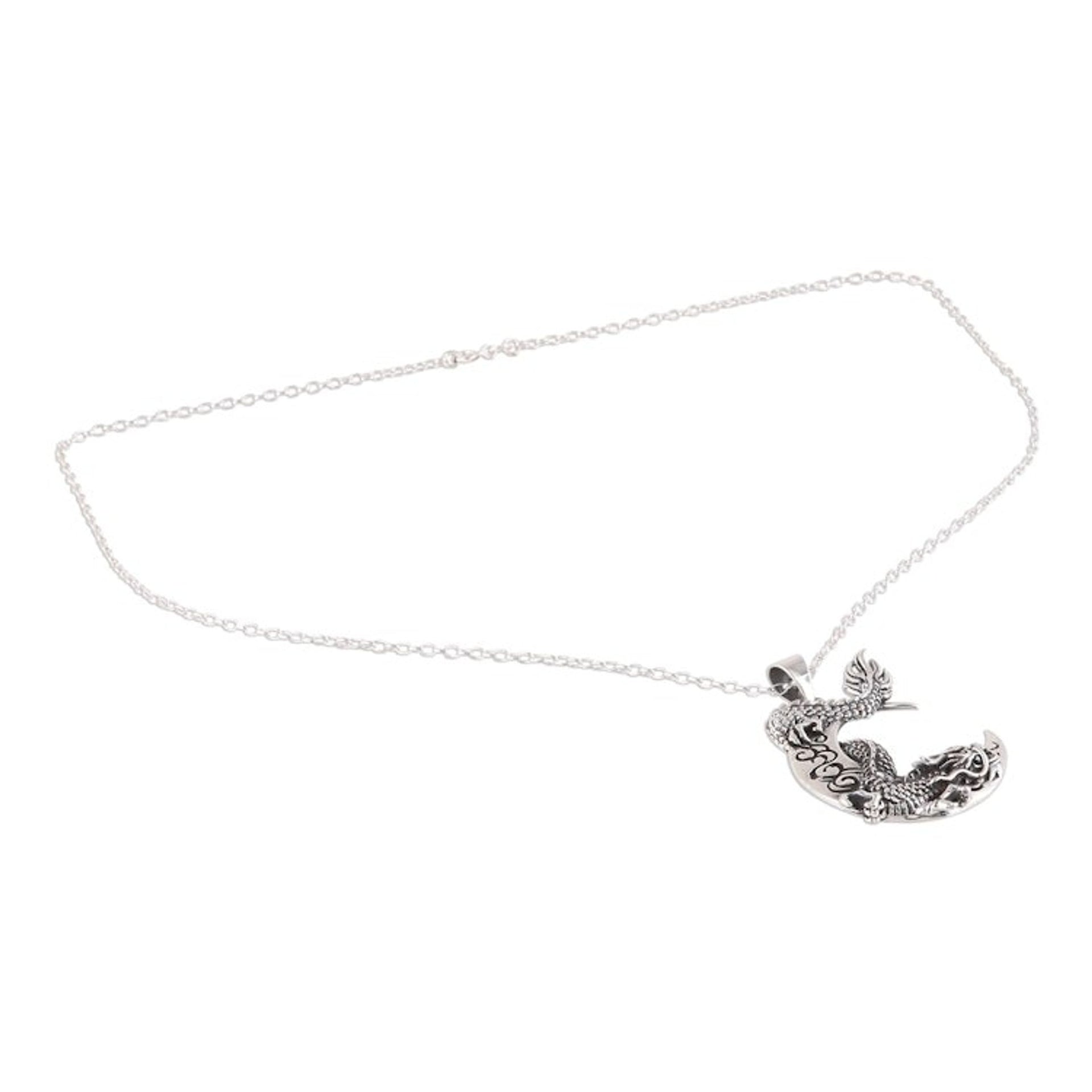 Dragon Crescent Sterling Silver Pendant Necklace from India 'Dragon Crescent'